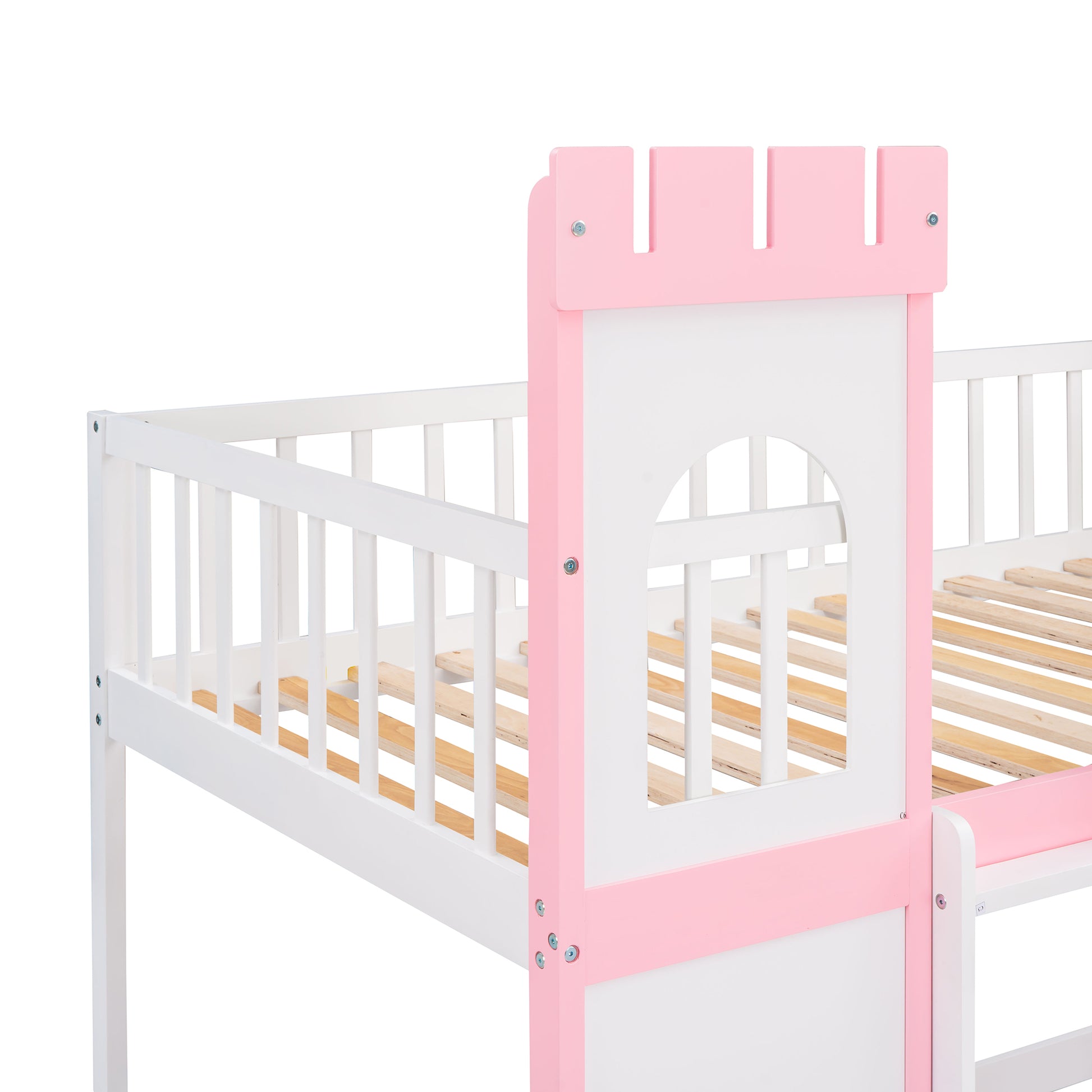 Twin Over Twin Castle Bunk Bed With Ladder Pink Pink Solid Wood
