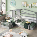 Wood House Bed Twin Size, 2 Twin Solid Bed L Structure With Fence And Slatted Frame Gray Gray Solid Wood