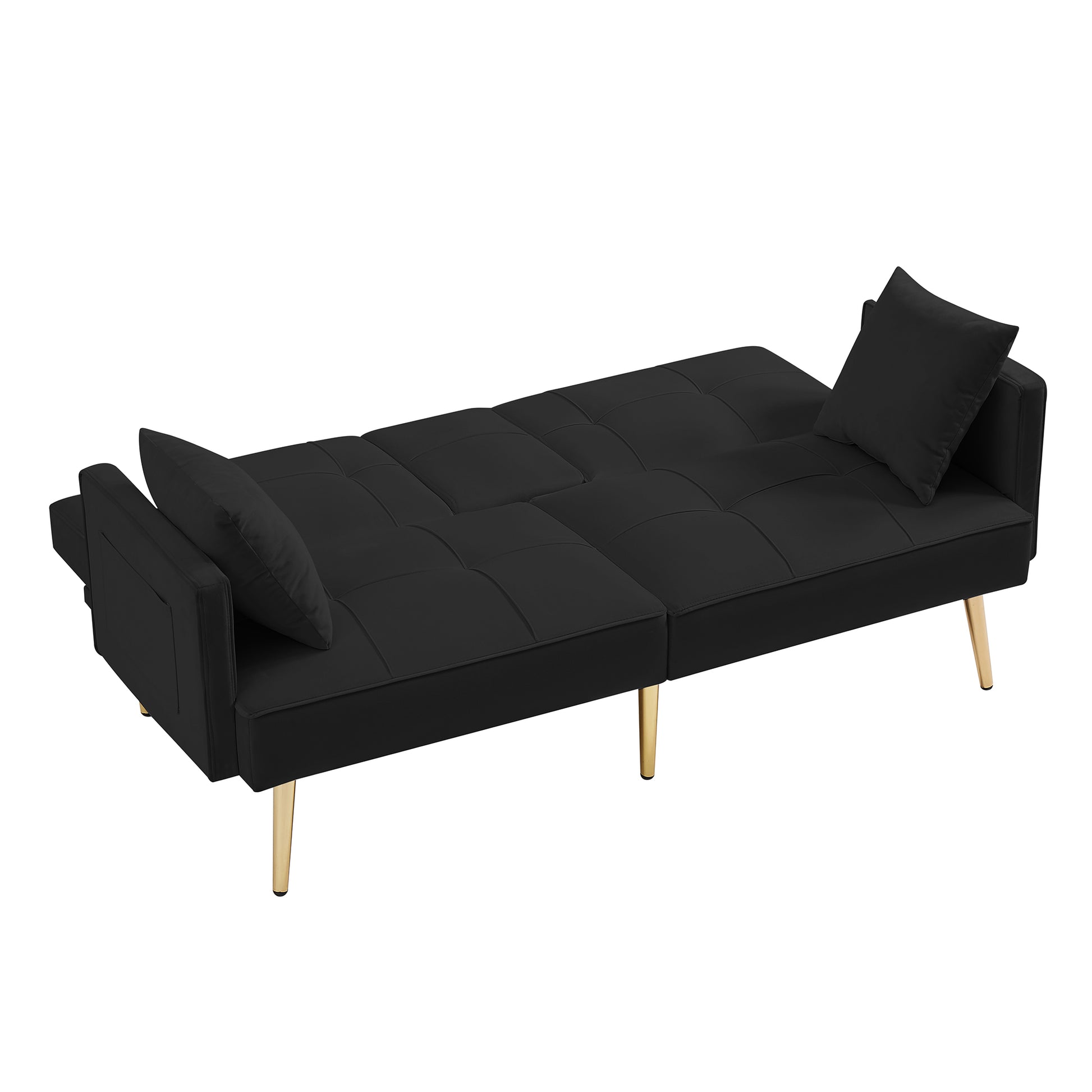 Black Velvet Futon Sofa Bed With Gold Metal Legs Black Velvet Wood Tufted Back Eucalyptus Square Arms Foam Velvet 2 Seat