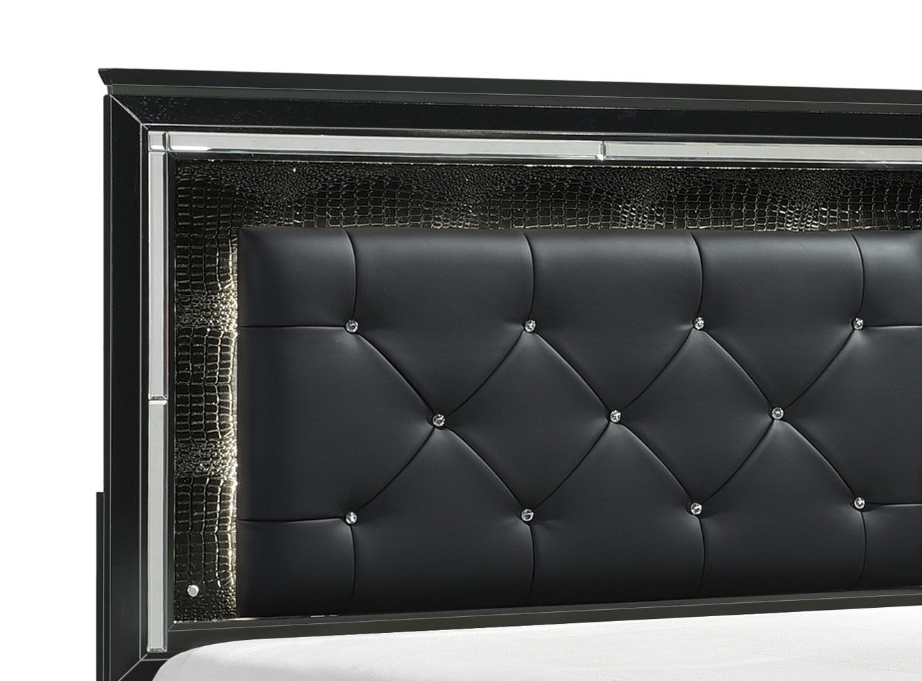 Black Finish Upholstered Button Tufted 1Pc Queen Size Bed Led Headboard Faux Alligator Embossed Textural Panels Wooden Bed Queen Black Bedroom Glam,Modern Wood