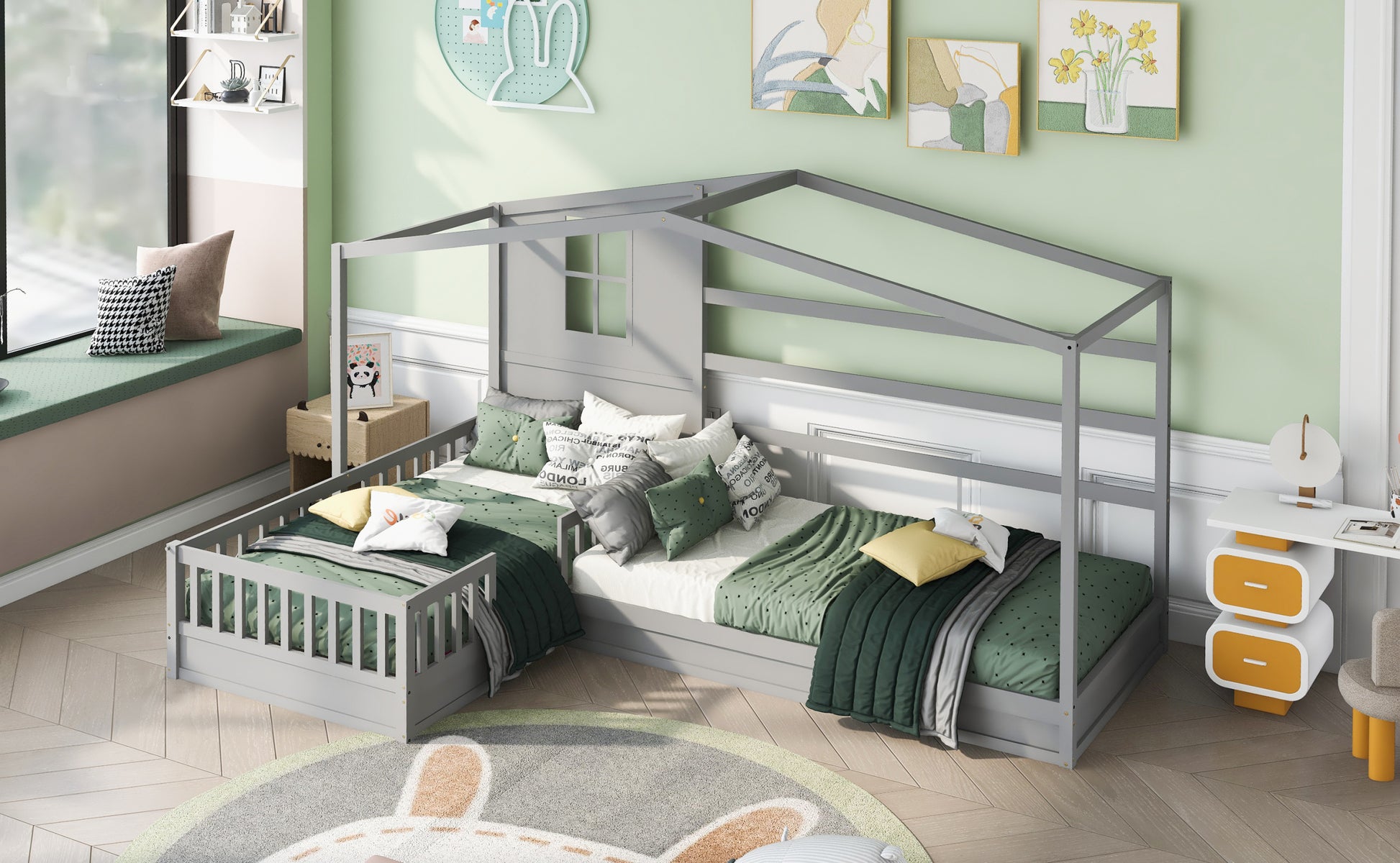 Wood House Bed Twin Size, 2 Twin Solid Bed L Structure With Fence And Slatted Frame Gray Gray Solid Wood