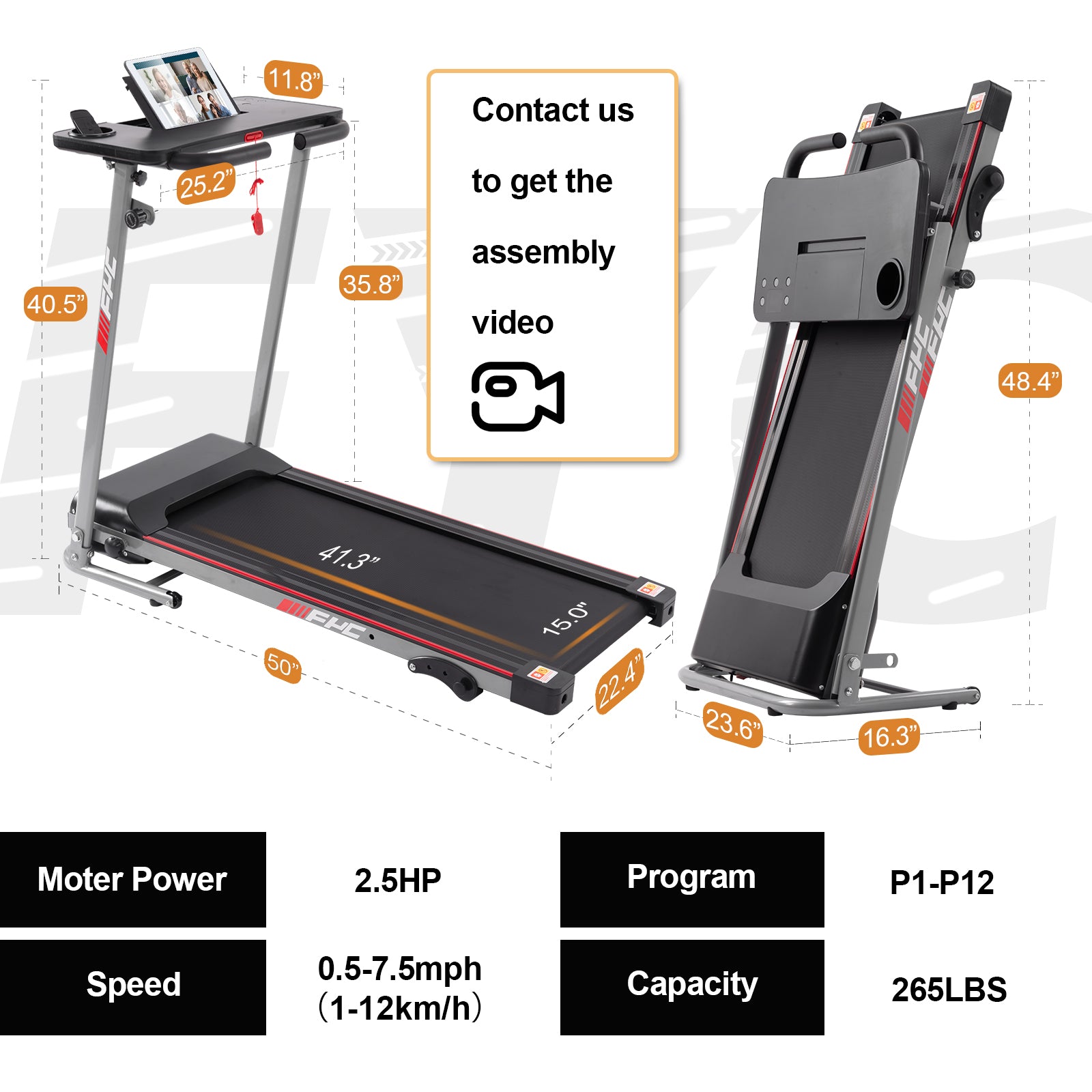 Fyc Folding Treadmill For Home With Desk 2.5Hp Compact Electric Treadmill For Running And Walking Foldable Portable Running Machine For Small Spaces Workout, 265Lbs Weight Capacity Gray Steel