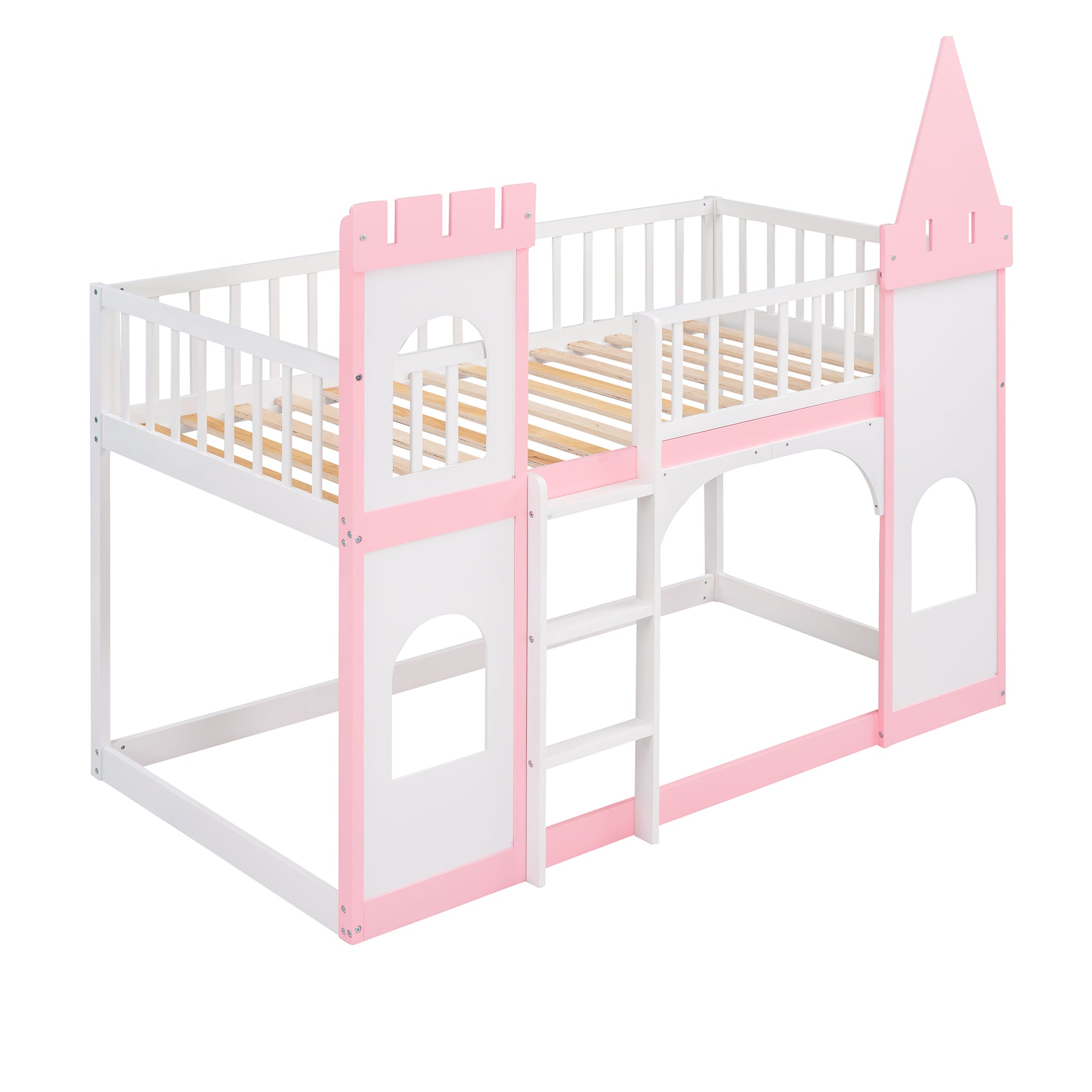 Twin Over Twin Castle Bunk Bed With Ladder Pink Pink Solid Wood