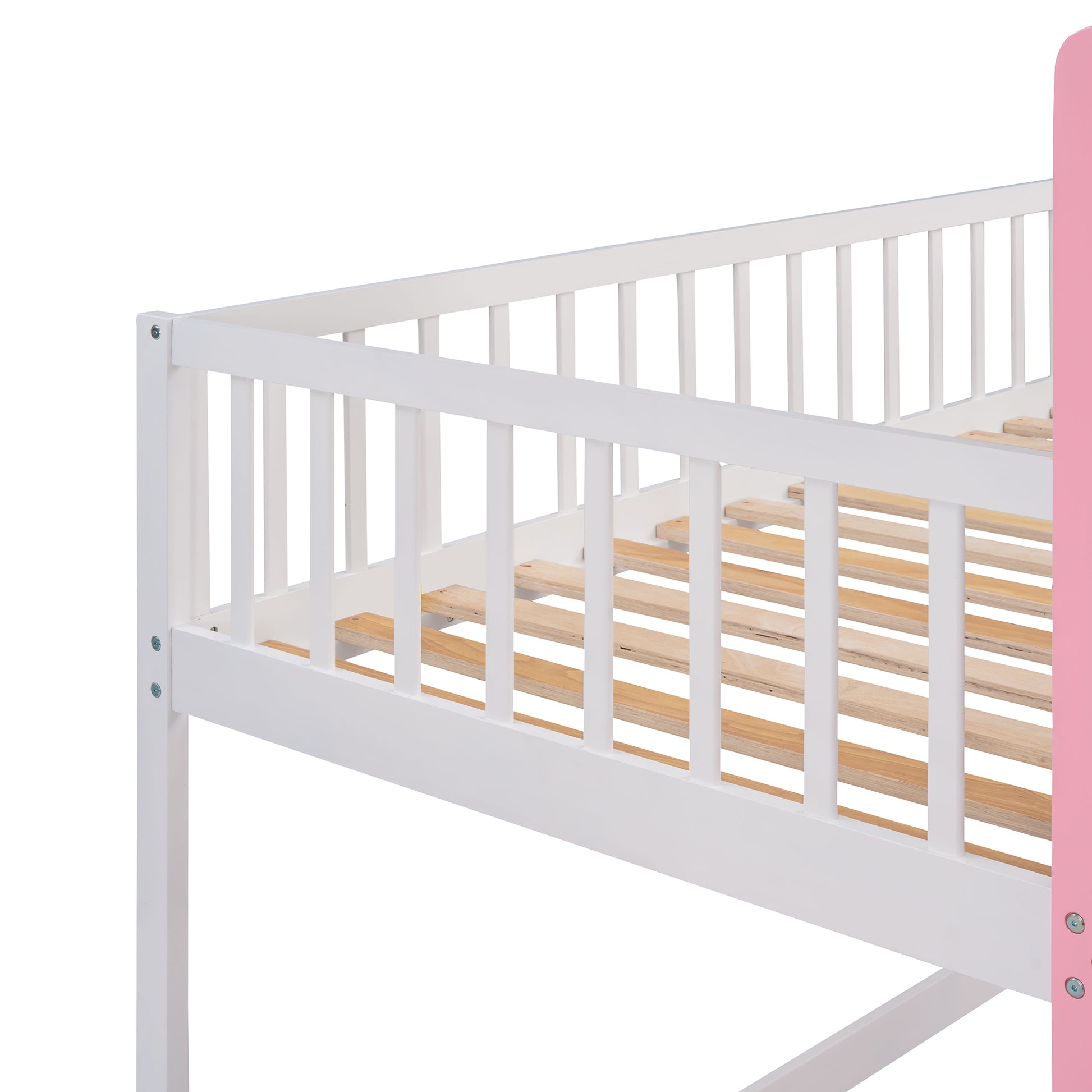 Twin Over Twin Castle Bunk Bed With Ladder Pink Pink Solid Wood
