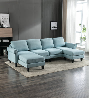 Coolmore Accent Sofa Living Room Sofa Sectional Sofa, U Shape Sectional Sofa With Ottoman, Reversible Sofa Couch For Living Room Light Blue Linen Light Blue Foam Linen 4 Seat