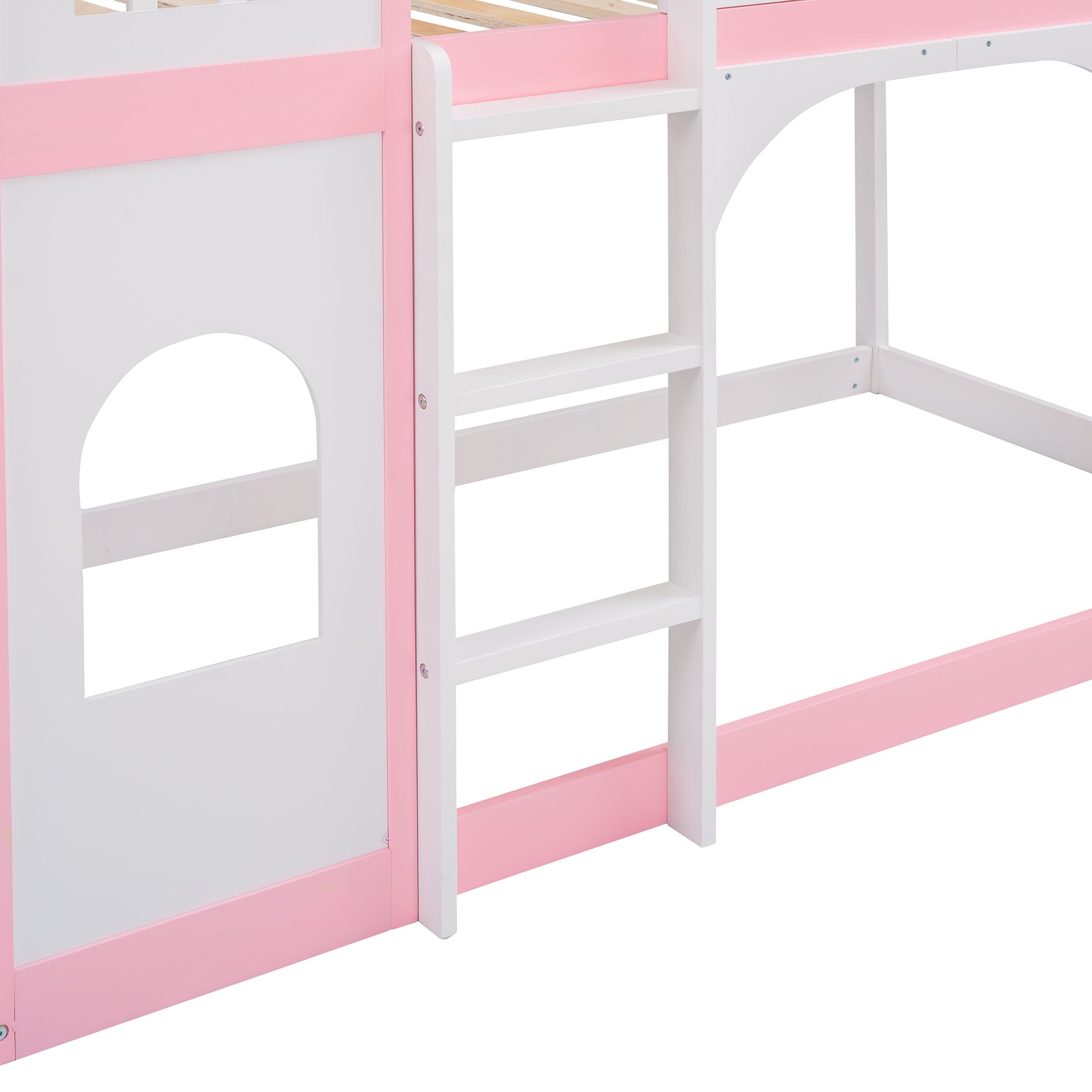 Twin Over Twin Castle Bunk Bed With Ladder Pink Pink Solid Wood