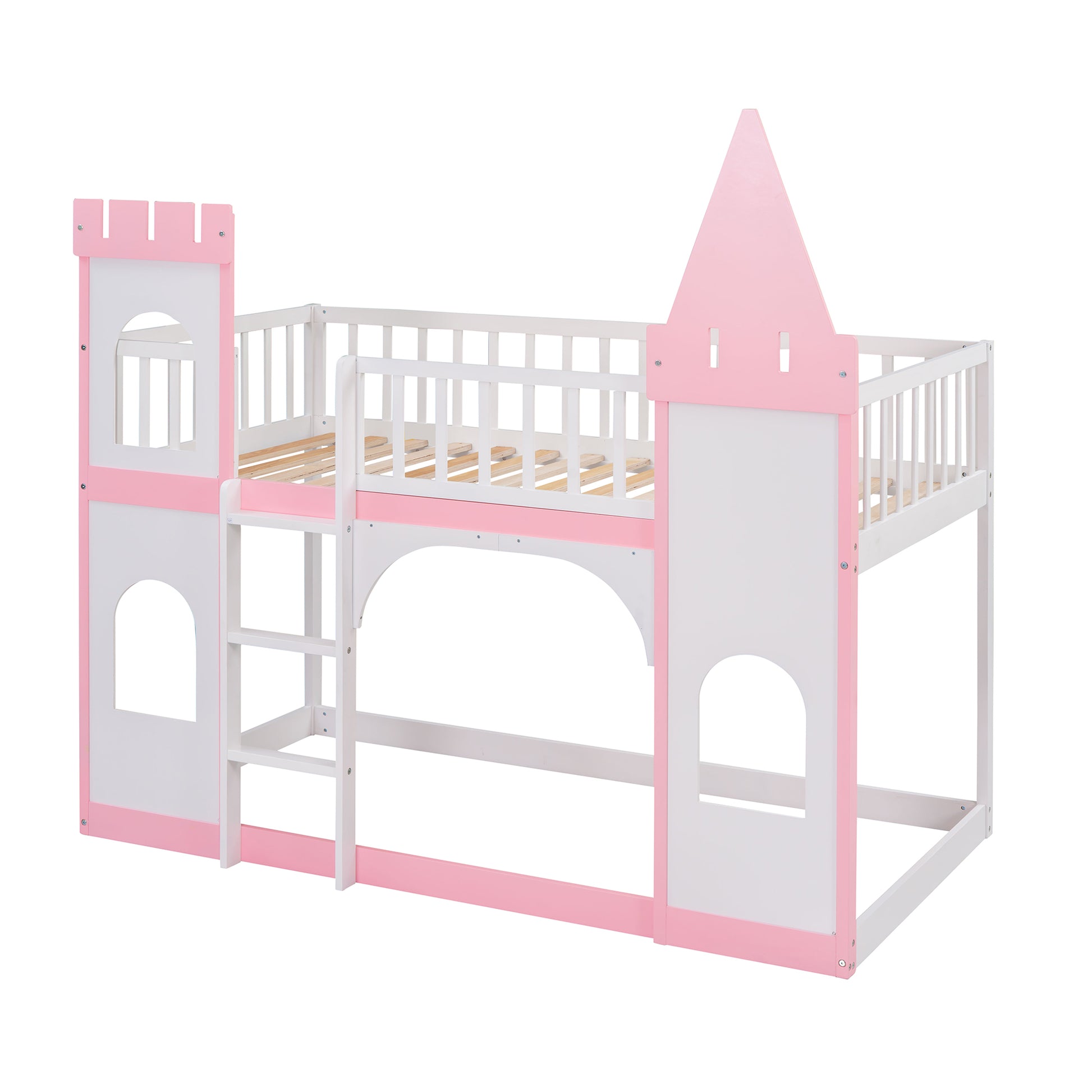 Twin Over Twin Castle Bunk Bed With Ladder Pink Pink Solid Wood