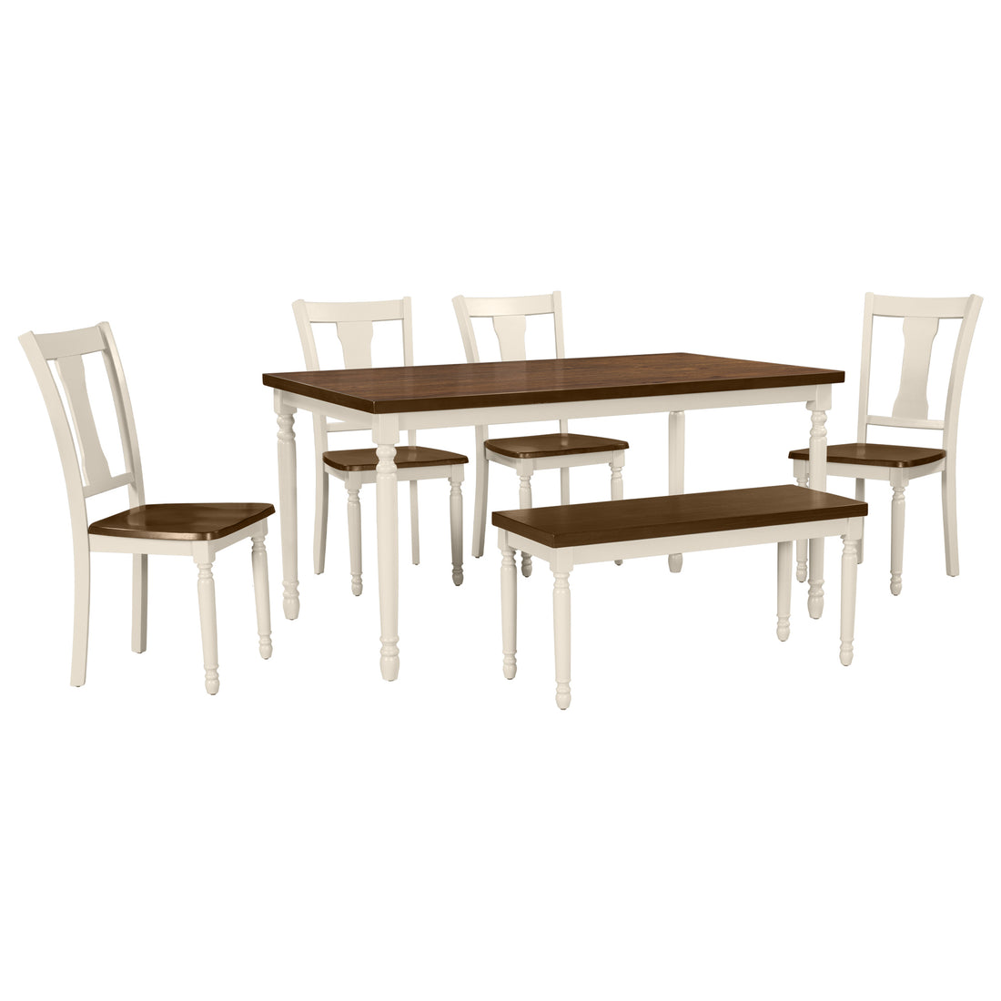 Classic 6 Piece Dining Set Wooden Table And 4 Chairs With Bench For Kitchen Dining Room Brown Cottage White Brown Cottage White Solid Wood