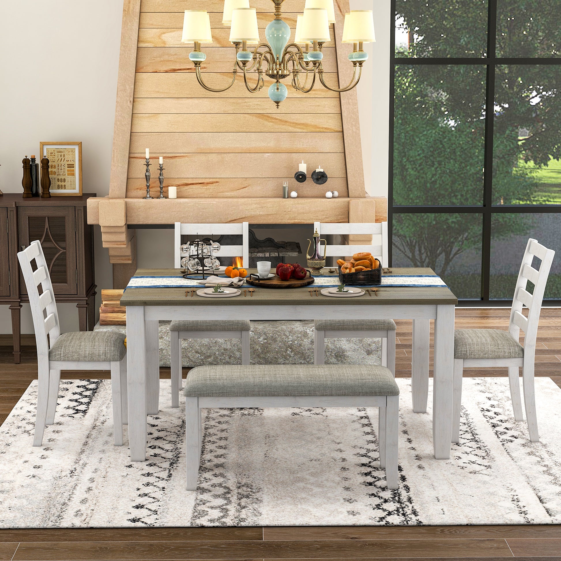 Rustic Style 6 Piece Dining Room Table Set With 4 Upholstered Chairs & A Bench Brown Whitewash Brown Whitewash Solid Wood