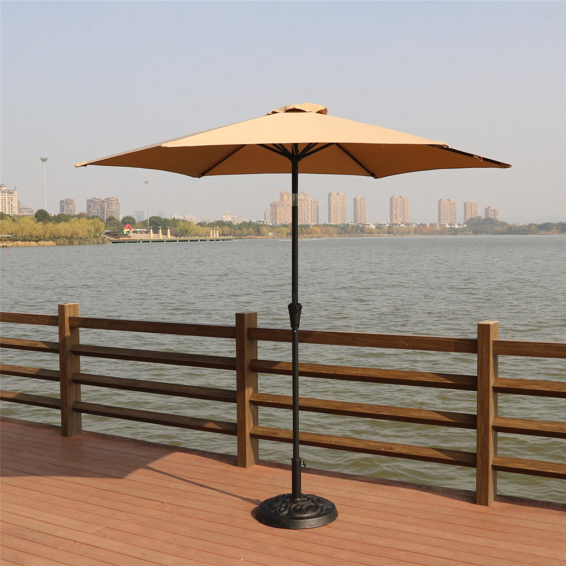 aluminum patio umbrella stand 8.8 Feet Outdoor Aluminum Patio Umbrella, Patio Umbrella, Market Umbrella With 33 Pounds Round Resin Umbrella Base, Push Button Tilt And Crank Lift,