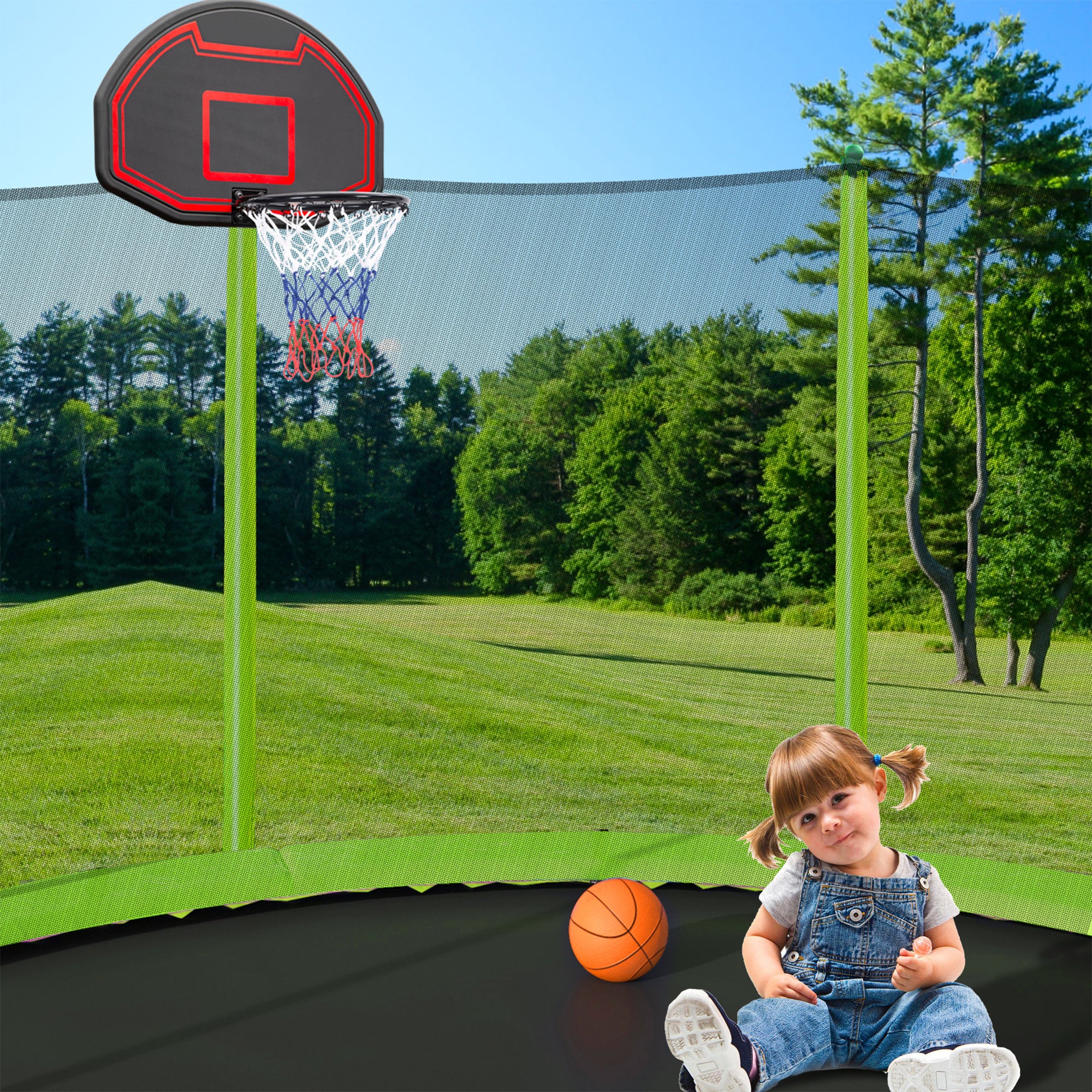 15FT Trampoline with Basketball Hoop Inflator and green-steel