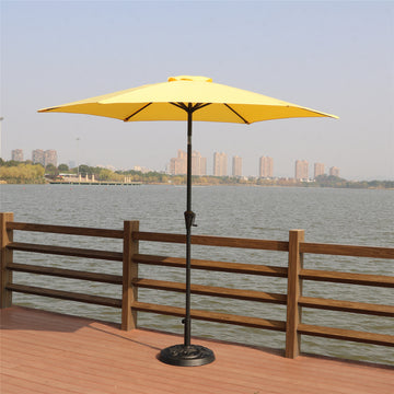 8.8 Feet Outdoor Aluminum Patio Umbrella, Patio Umbrella, Market Umbrella With 33 Pounds Round Resin Umbrella Base, Push Button Tilt And Crank Lift, Yellow Yellow Polyester Aluminum