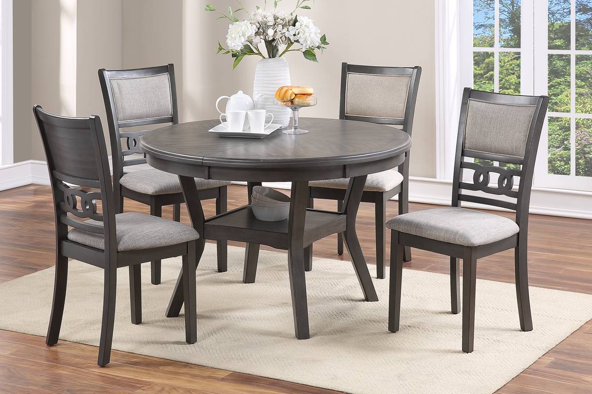 Contemporary Dining 5pc Set Round Table w 4x Side wood-wood-gray-seats 4-gray-wood-dining