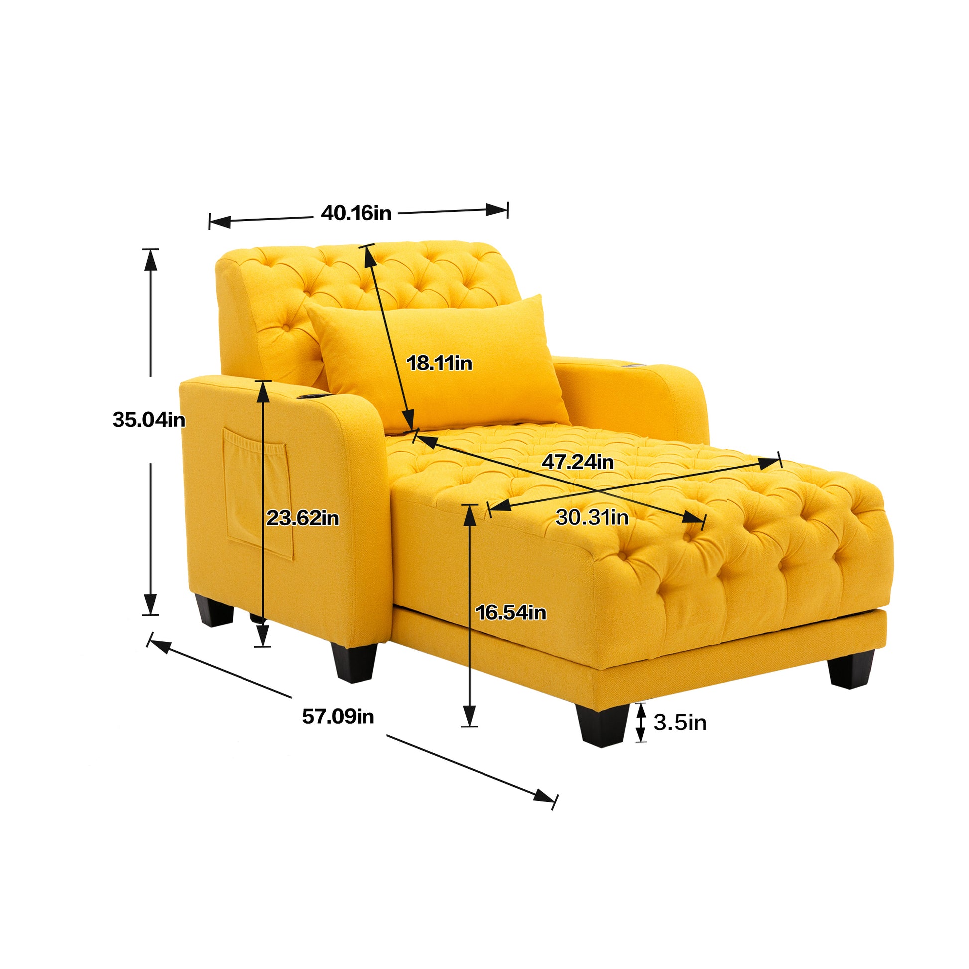 Coolmore Multifunctional Living Room Leisure Chaise Lounge Barry Tufted Comfy Armchair Wireless Charging, Smooth Reclining Backrest & Lumbar Pillow For Home Apartment Yellow Linen Yellow Foam Linen