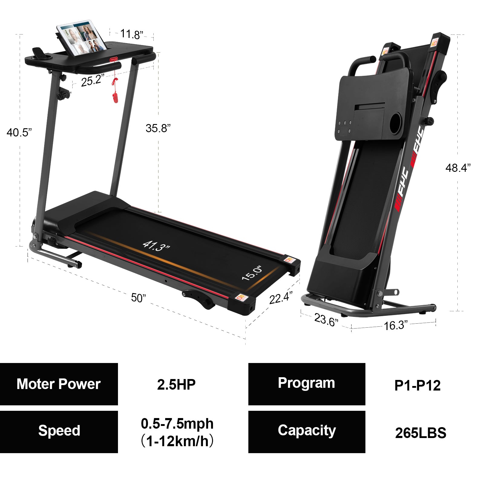 FYC Folding Treadmill for Home with Desk 2.5HP Compact black-steel