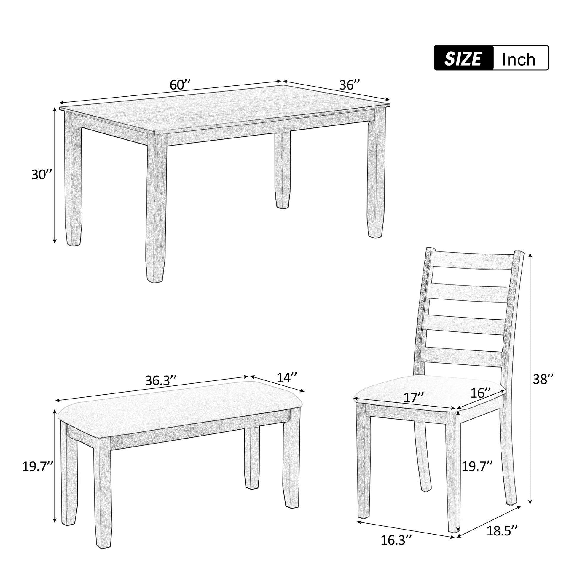 Rustic Style 6 Piece Dining Room Table Set With 4 Upholstered Chairs & A Bench Brown Whitewash Brown Whitewash Solid Wood