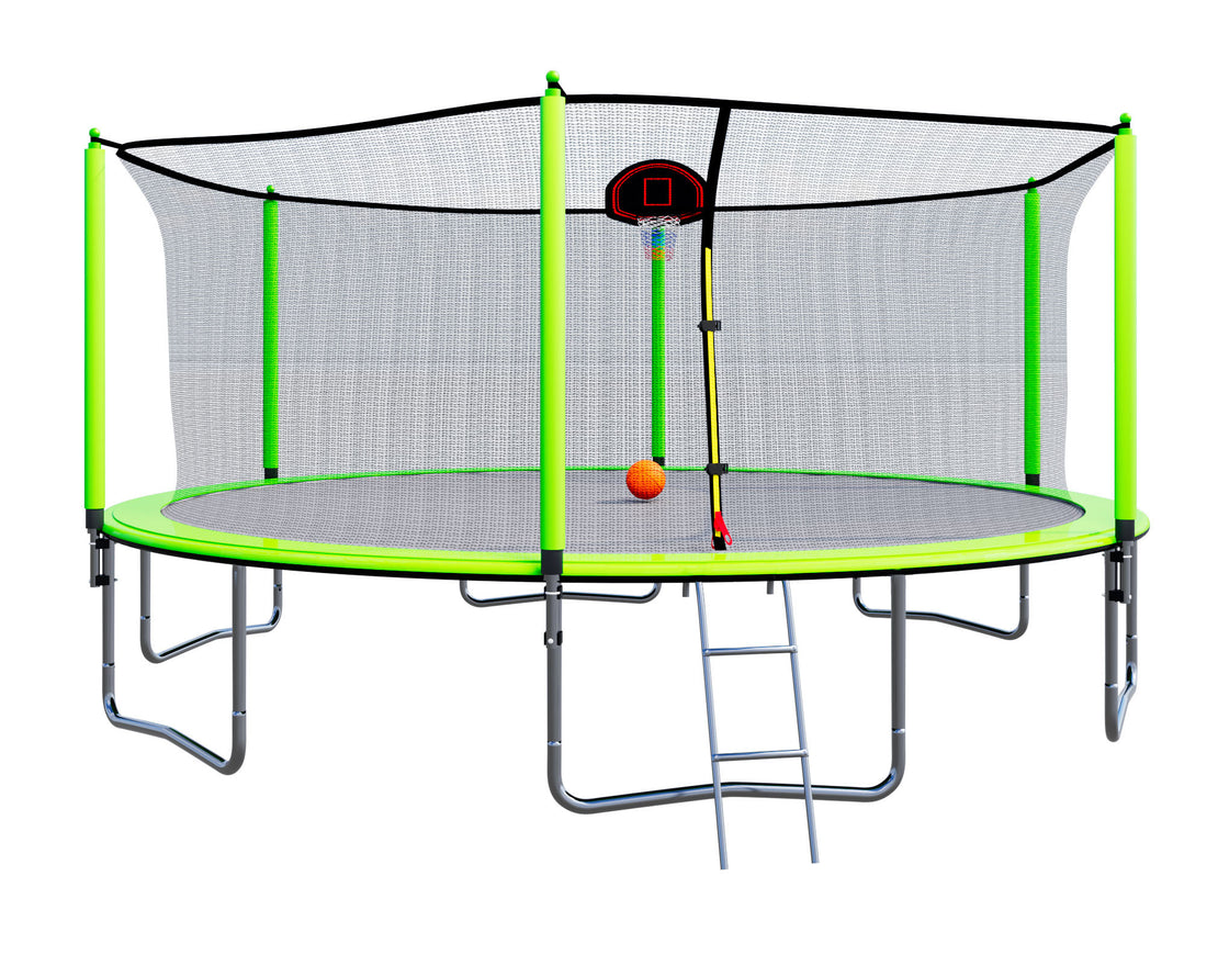 15Ft Trampoline With Basketball Hoop Inflator And Ladder Inner Safety Enclosure Green Green Steel