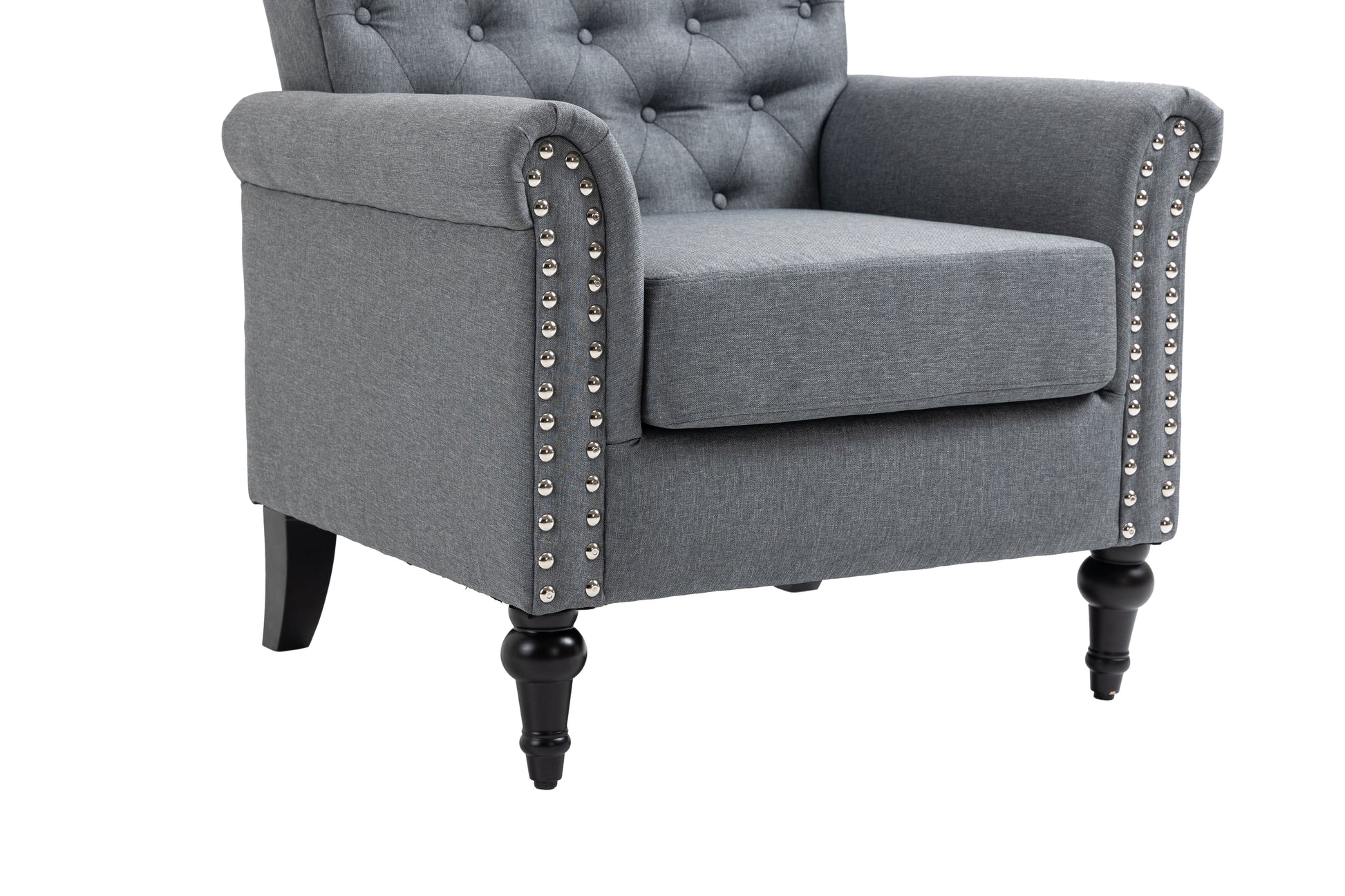 Mid Century Modern Accent Chair, Linen Armchair W Tufted Back Wood Legs, Upholstered Lounge Arm Chair Single Sofa For Living Room Bedroom, Gray Gray Foam Linen