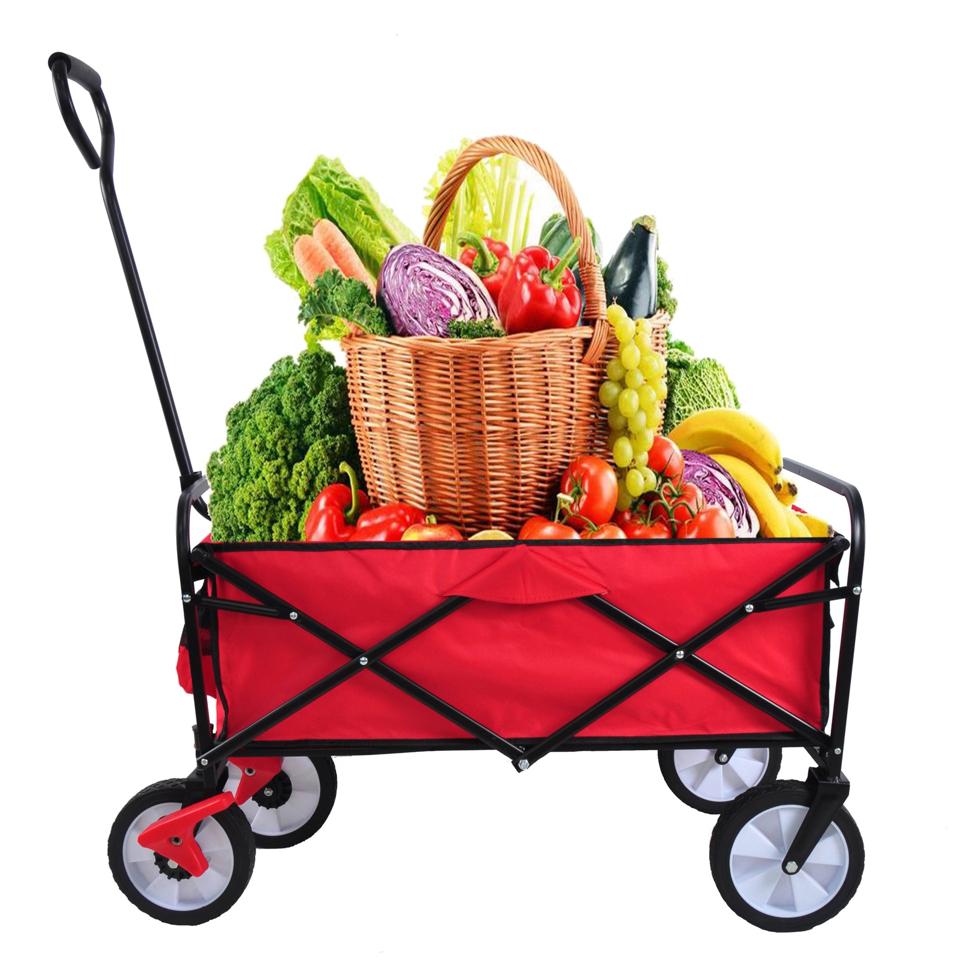 Folding Wagon Garden Shopping Beach Cart Red Red Metal