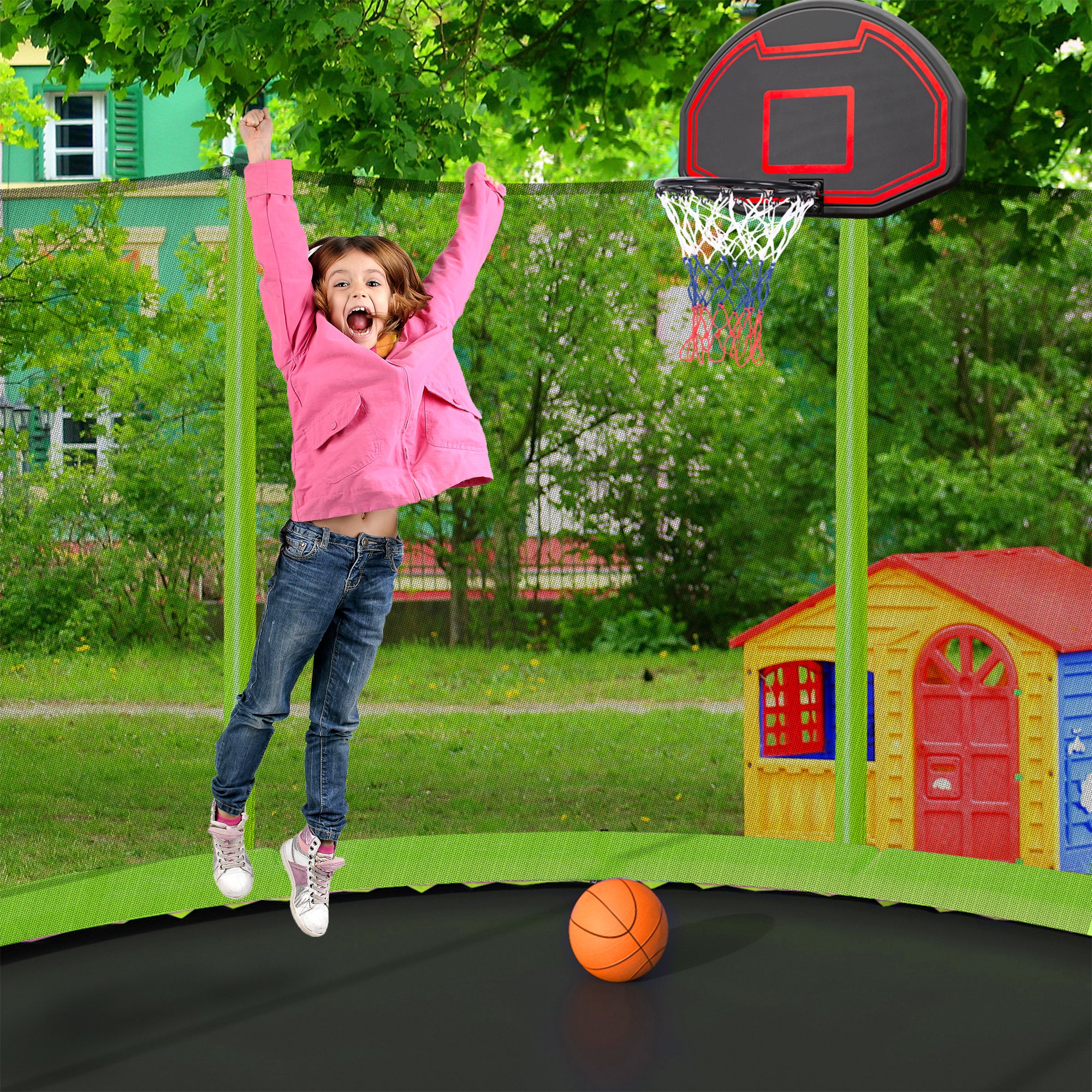 15FT Trampoline with Basketball Hoop Inflator and green-steel