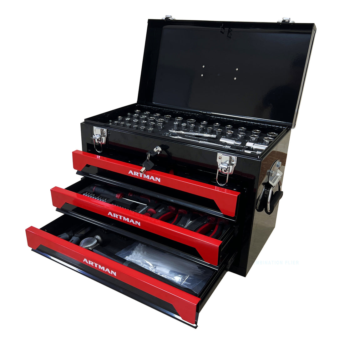 3 Drawers Tool Box With Tool Set - Black Steel