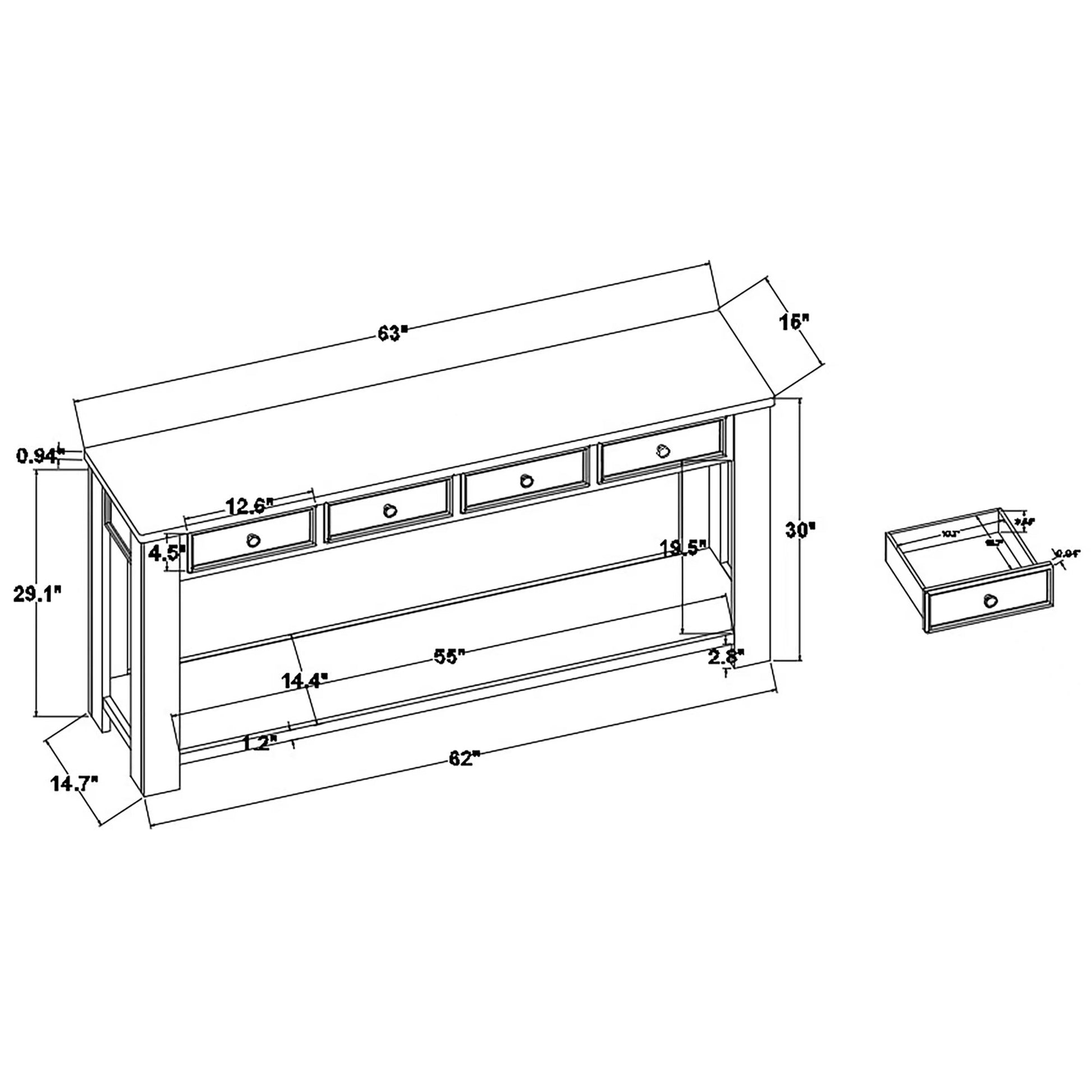 63" Pine Wood Console Table With 4 Drawers And 1 Bottom Shelf For Entryway Hallway Easy Assembly 63 Inch Long Sofa Table Antique White Brown Top Antique White Pine