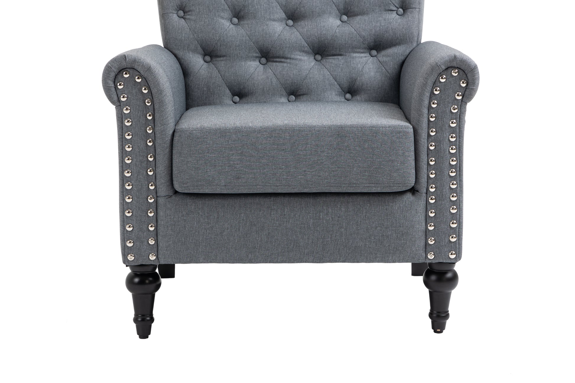 Mid Century Modern Accent Chair, Linen Armchair W Tufted Back Wood Legs, Upholstered Lounge Arm Chair Single Sofa For Living Room Bedroom, Gray Gray Foam Linen