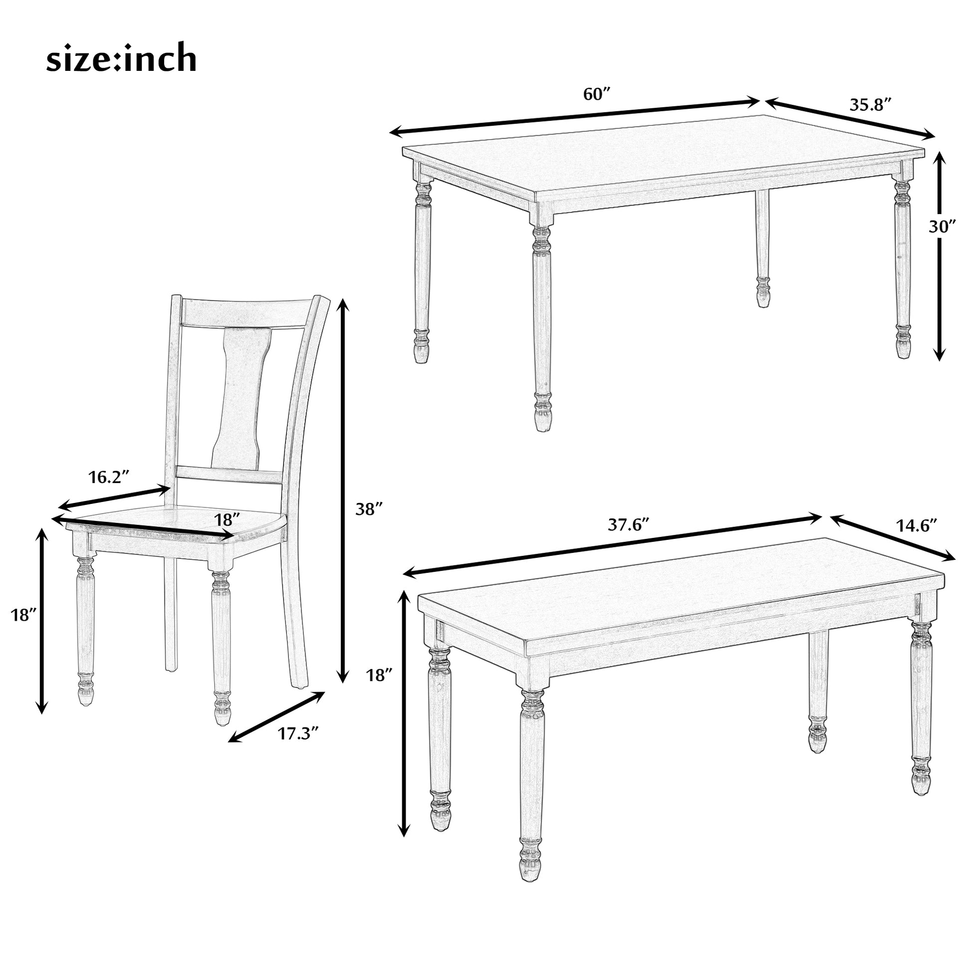 Classic 6 Piece Dining Set Wooden Table And 4 Chairs With Bench For Kitchen Dining Room Brown Cottage White Brown Cottage White Solid Wood