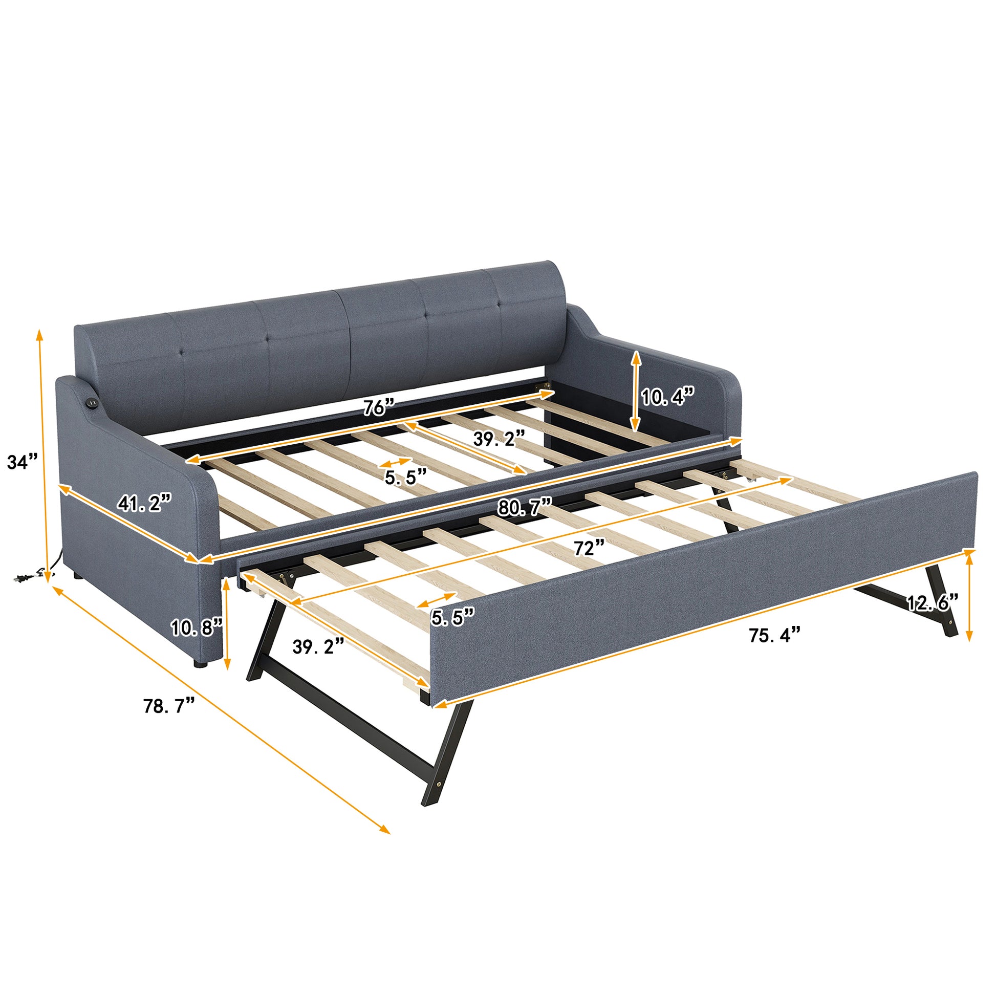 Twin Size Upholstery Daybed With Trundle And Usb Charging Design,Trundle Can Be Flat Or Erected,Gray Gray Upholstered