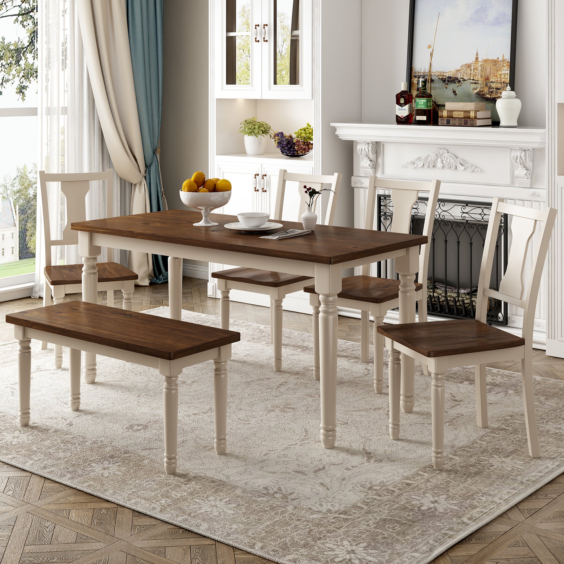 Classic 6 Piece Dining Set Wooden Table And 4 Chairs With Bench For Kitchen Dining Room Brown Cottage White Brown Cottage White Solid Wood