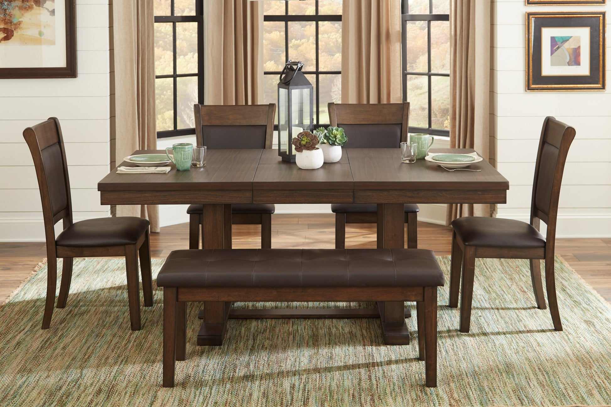 Transitional 6pc Dining Set Table with Self Storing wood-wood-brown mix-seats 6-wood-dining