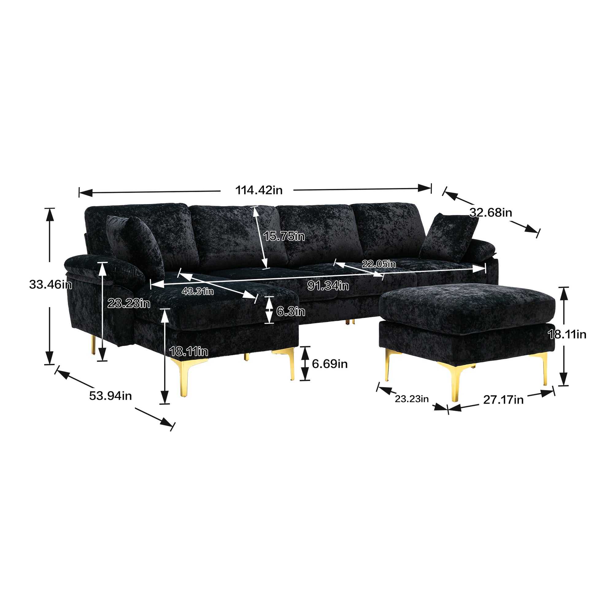 Coolmore U Shape Sectional Sofa With Ottomanreversible Sofa Couch For Living Room,Spacious Furniture,Durable Couch Removable And Machine Washable Cover Black Velvet Black Primary Living Space Foam Velvet 4 Seat