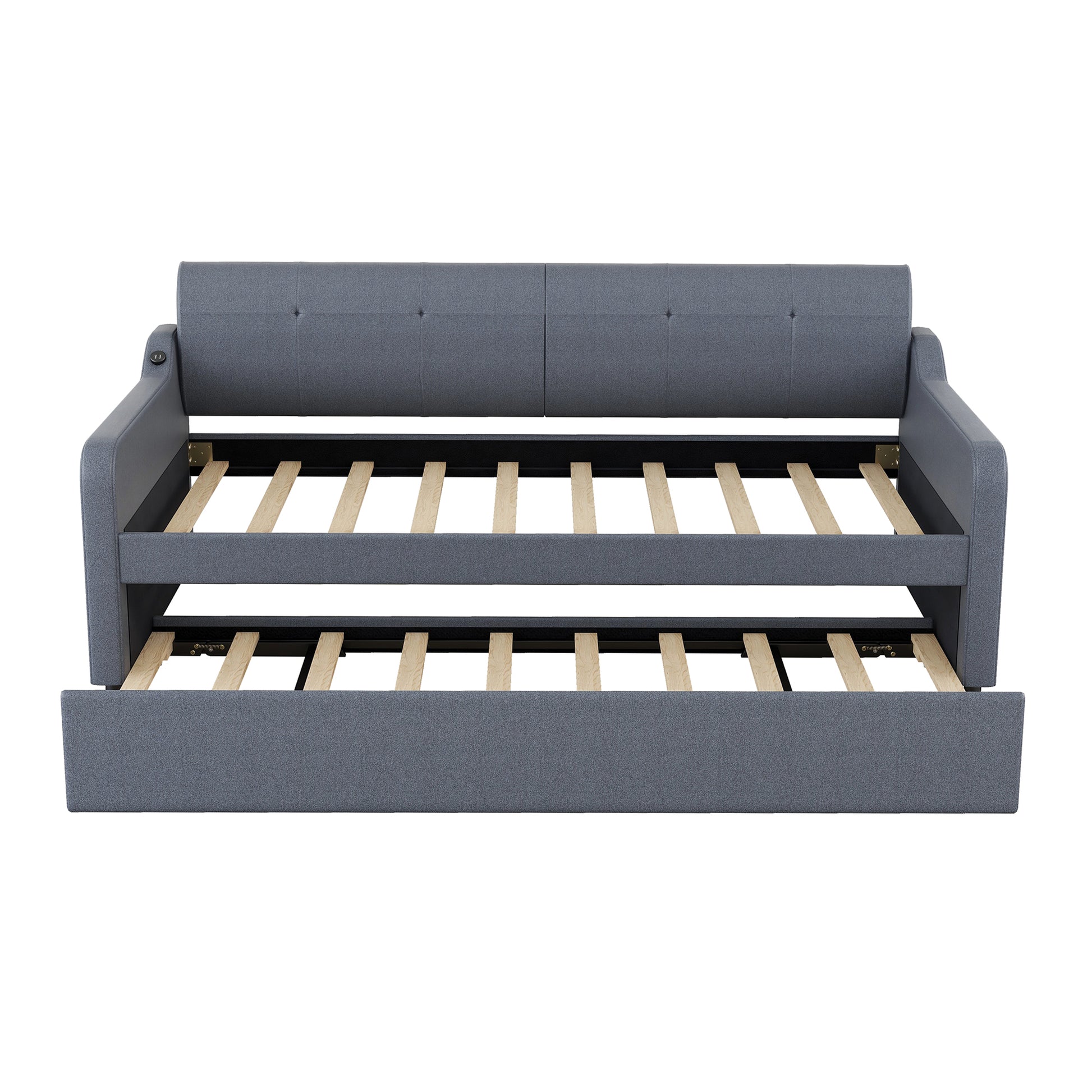 Twin Size Upholstery Daybed With Trundle And Usb Charging Design,Trundle Can Be Flat Or Erected,Gray Gray Upholstered