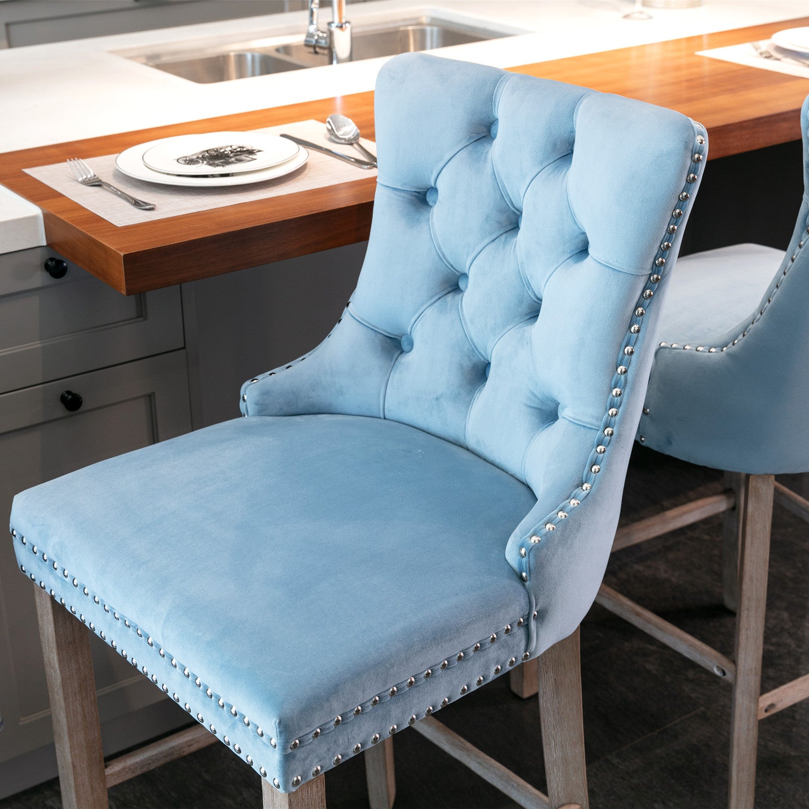 Contemporary Velvet Upholstered Barstools With Button Tufted Decoration And Wooden Legs, And Chrome Trim, Leisure Style Bar Chairs,Bar Stools, Set Of 2 Light Blue ,Sw2002Lb Light Blue Seats 2 American Design Rubberwood Foam Velvet