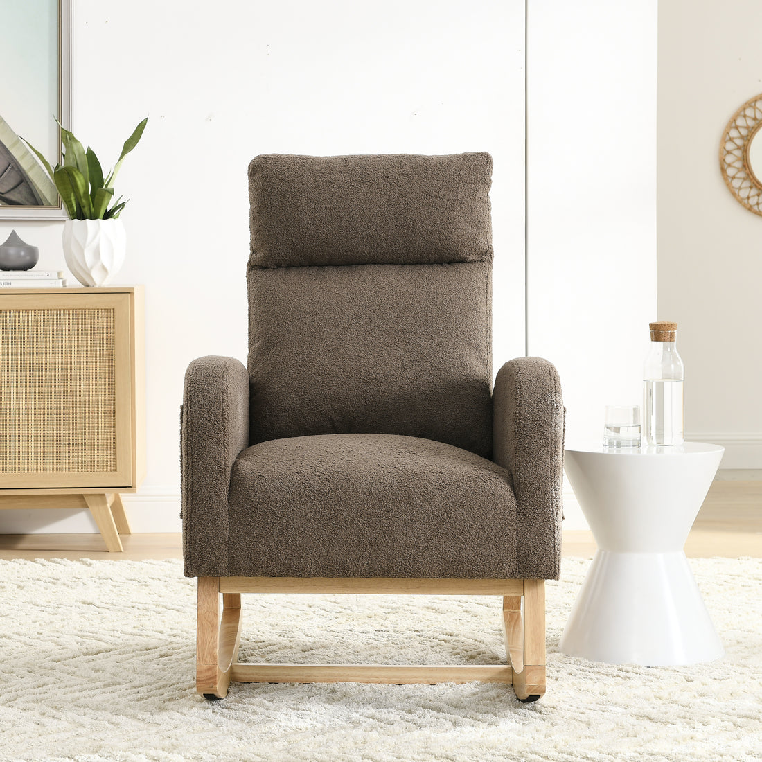 Video Welike 27.6"W Modern Accent High Backrest Living Room Lounge Arm Rocking Chair, Two Side Pocket W83453338 Coffee Foam Fabric