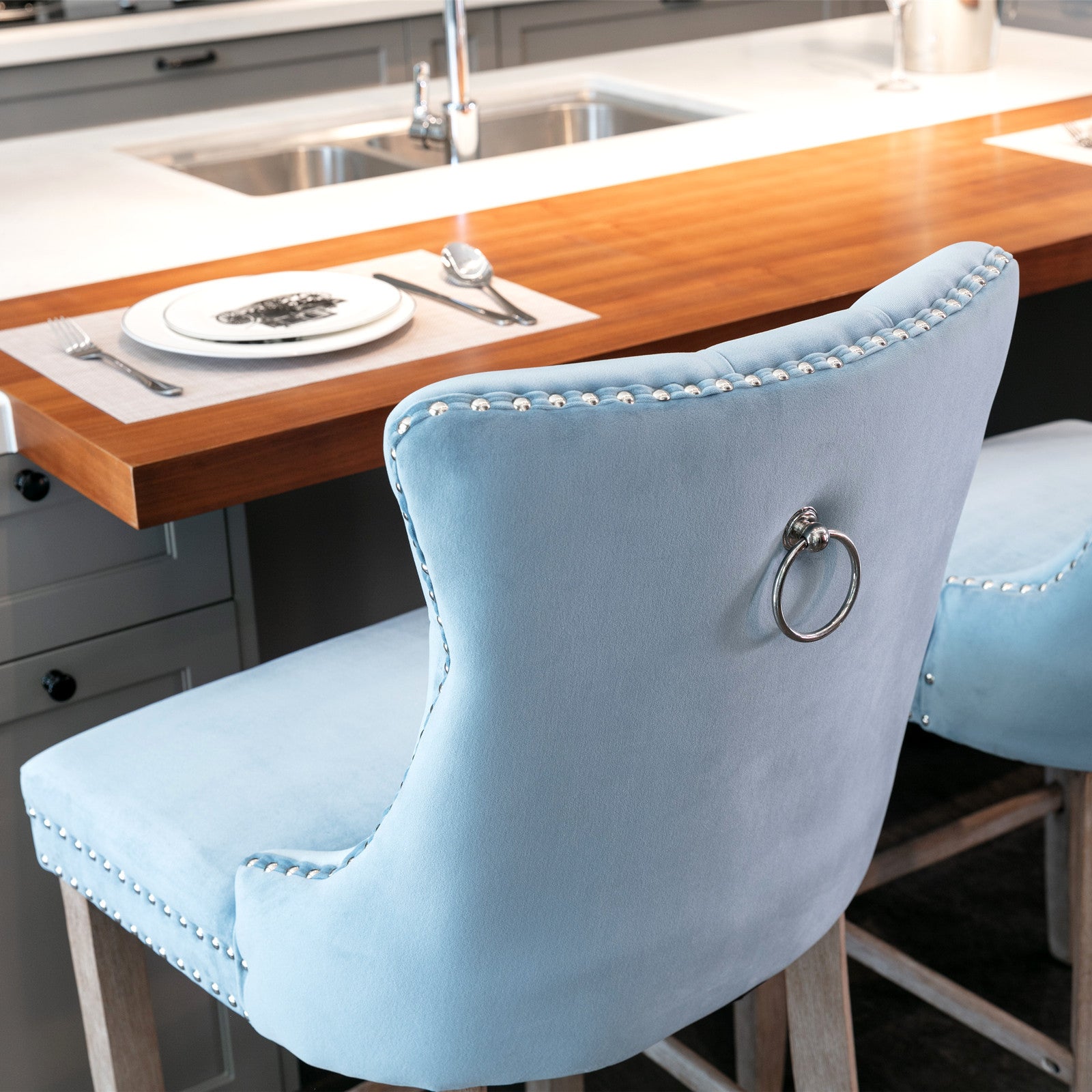 Contemporary Velvet Upholstered Barstools With Button Tufted Decoration And Wooden Legs, And Chrome Trim, Leisure Style Bar Chairs,Bar Stools, Set Of 2 Light Blue ,Sw2002Lb Light Blue Seats 2 American Design Rubberwood Foam Velvet