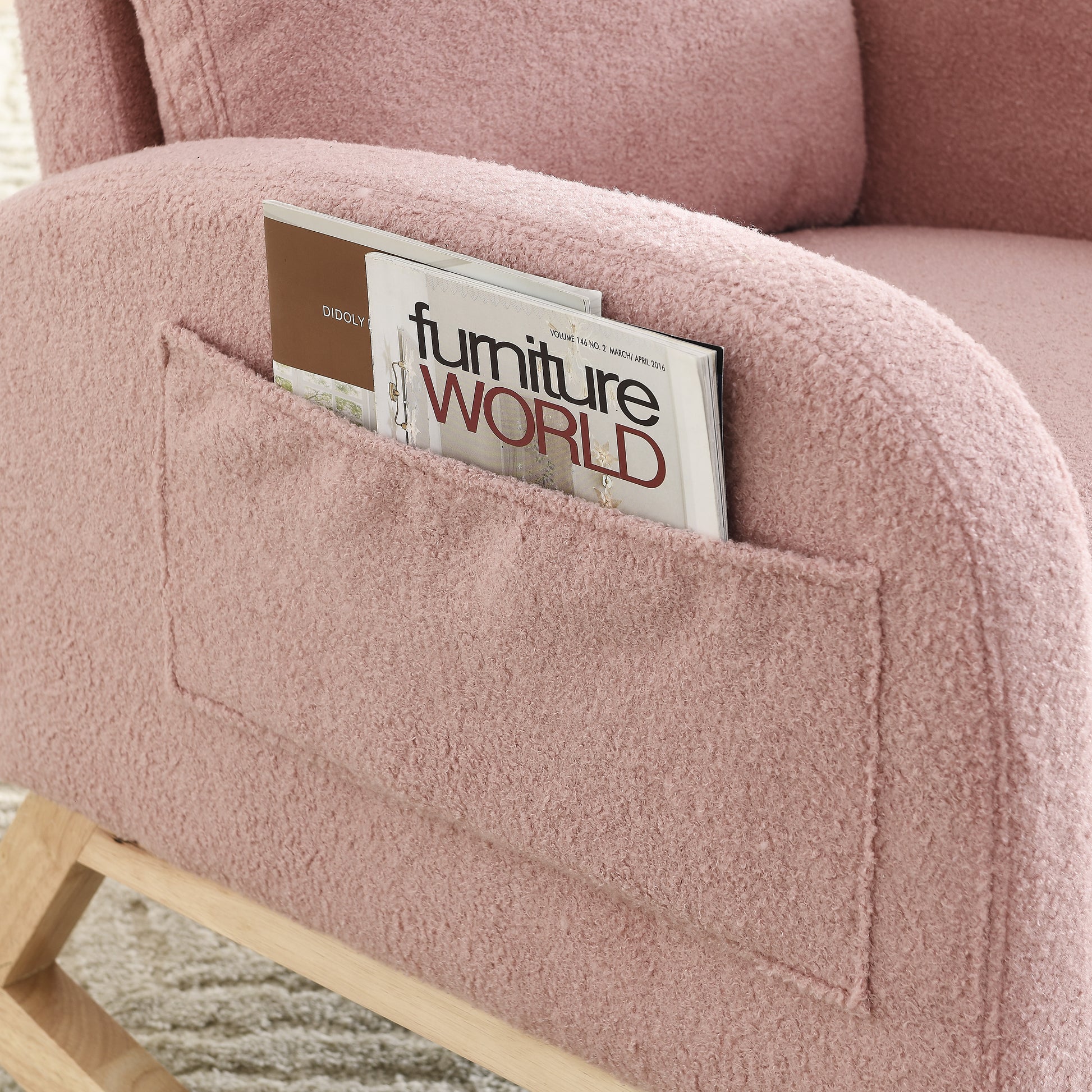 Video Welike 27.6"W Modern Accent High Backrest Living Room Lounge Arm Rocking Chair, Two Side Pocket W83453340 Pink Teddy Foam Fabric