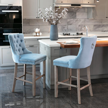 Contemporary Velvet Upholstered Barstools With Button Tufted Decoration And Wooden Legs, And Chrome Trim, Leisure Style Bar Chairs,Bar Stools, Set Of 2 Light Blue ,Sw2002Lb Light Blue Seats 2 American Design Rubberwood Foam Velvet