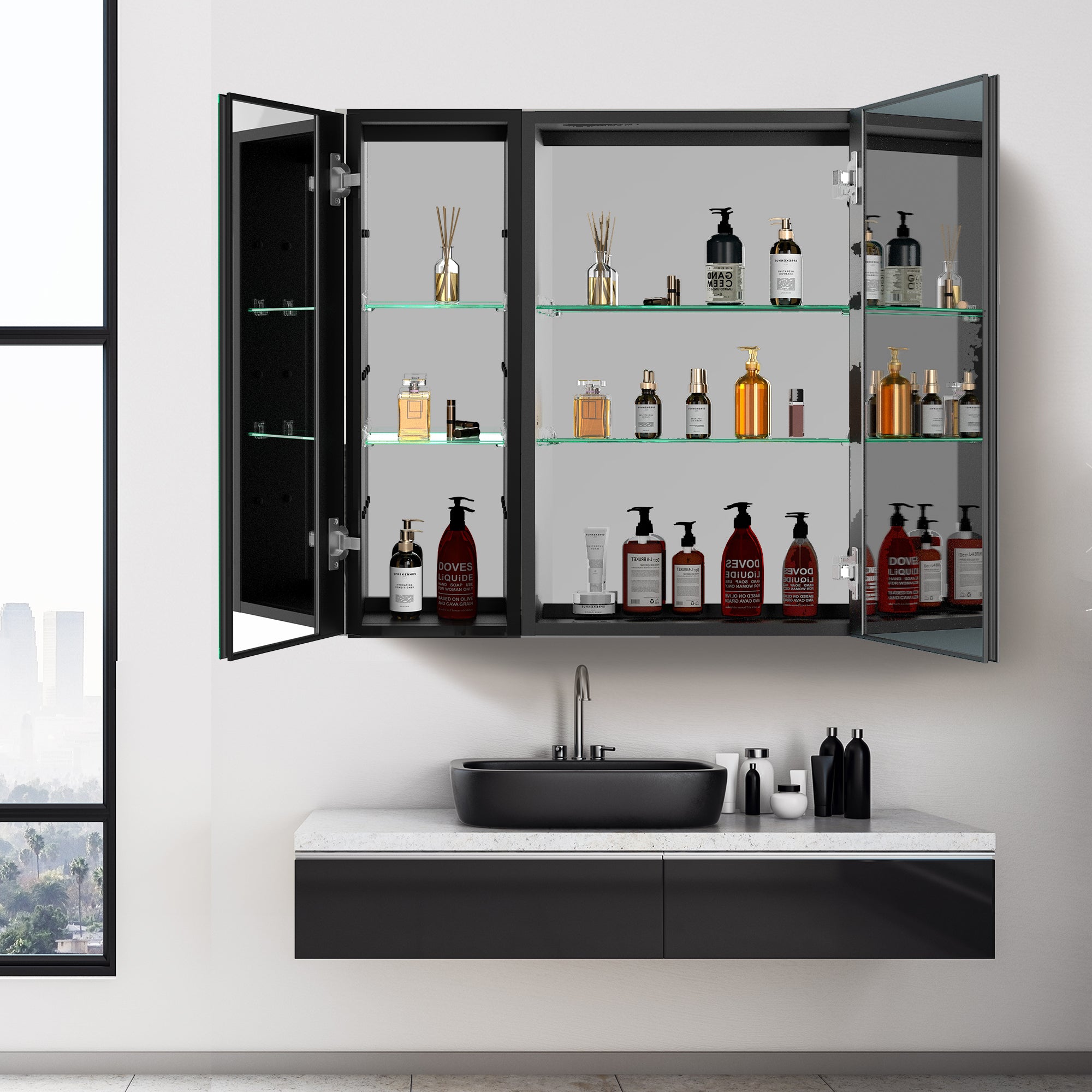 30x30 inch LED Bathroom Medicine Cabinet Surface Mount black-modern-aluminium