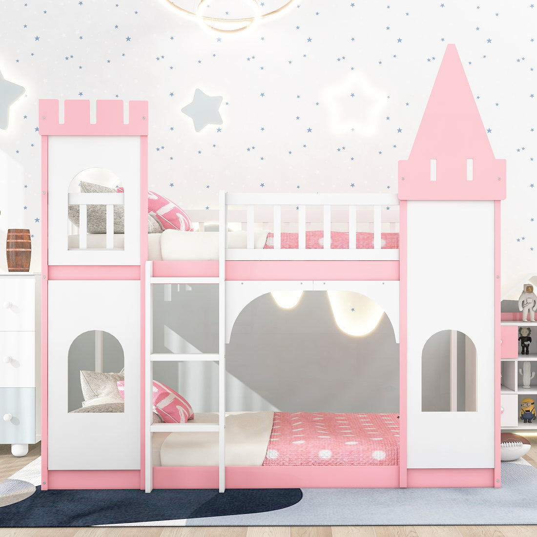 Twin Over Twin Castle Bunk Bed With Ladder Pink Pink Solid Wood