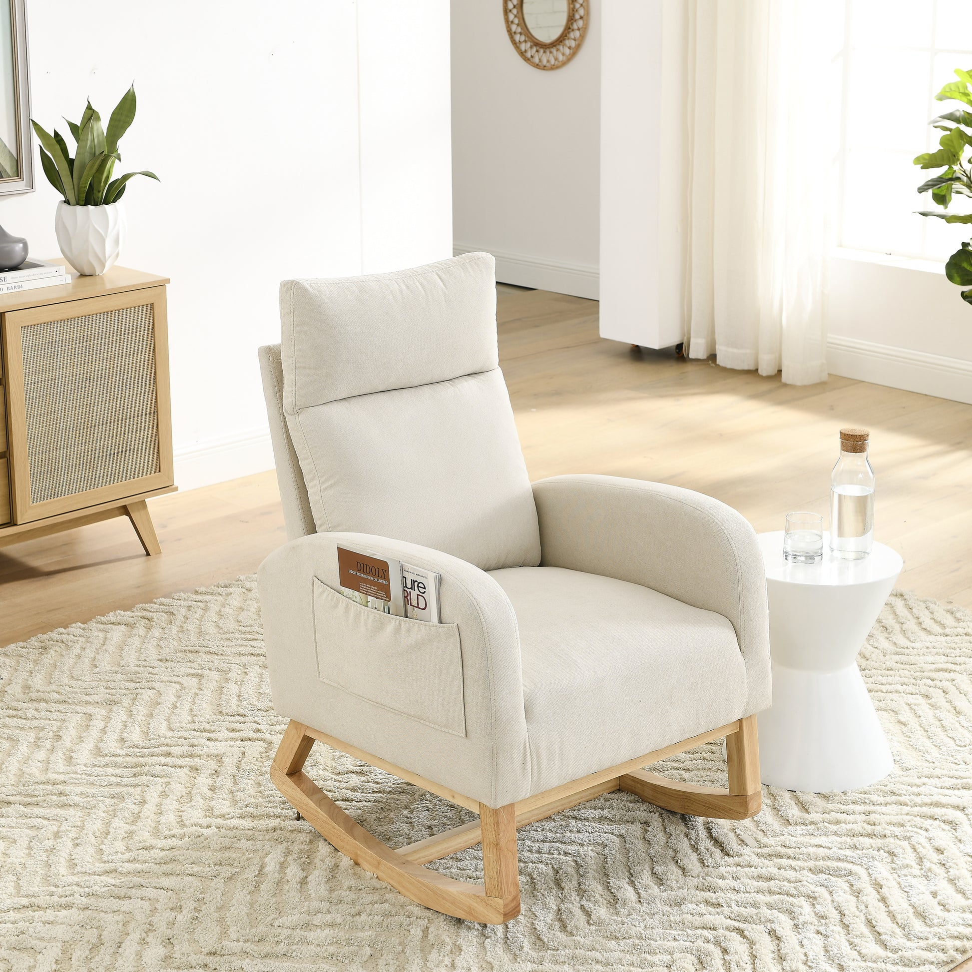Video Welike 27.6"W Modern Accent High Backrest Living Room Lounge Arm Rocking Chair, Two Side Pocket W83453708 Beige Foam Fabric