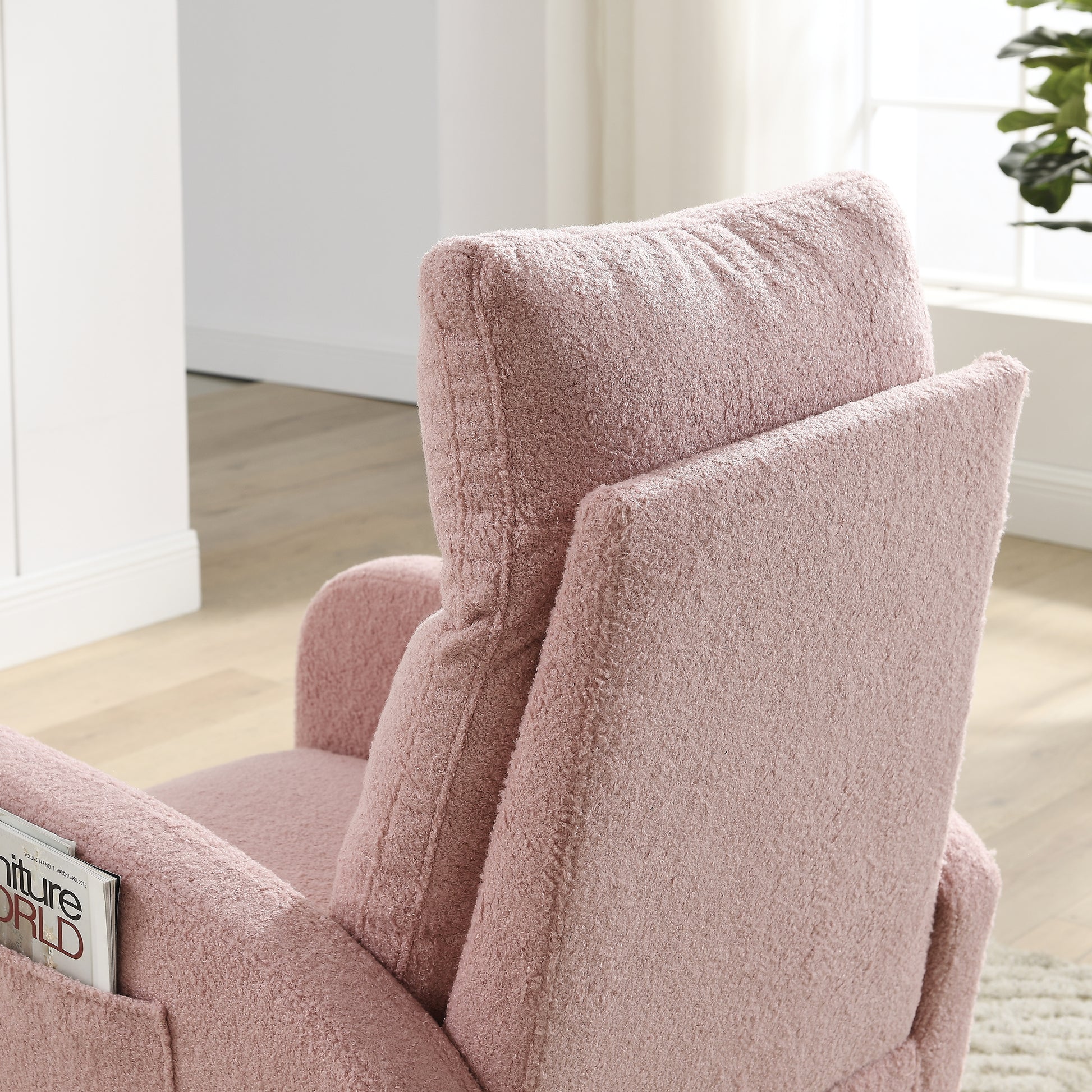 Video Welike 27.6"W Modern Accent High Backrest Living Room Lounge Arm Rocking Chair, Two Side Pocket W83453340 Pink Teddy Foam Fabric
