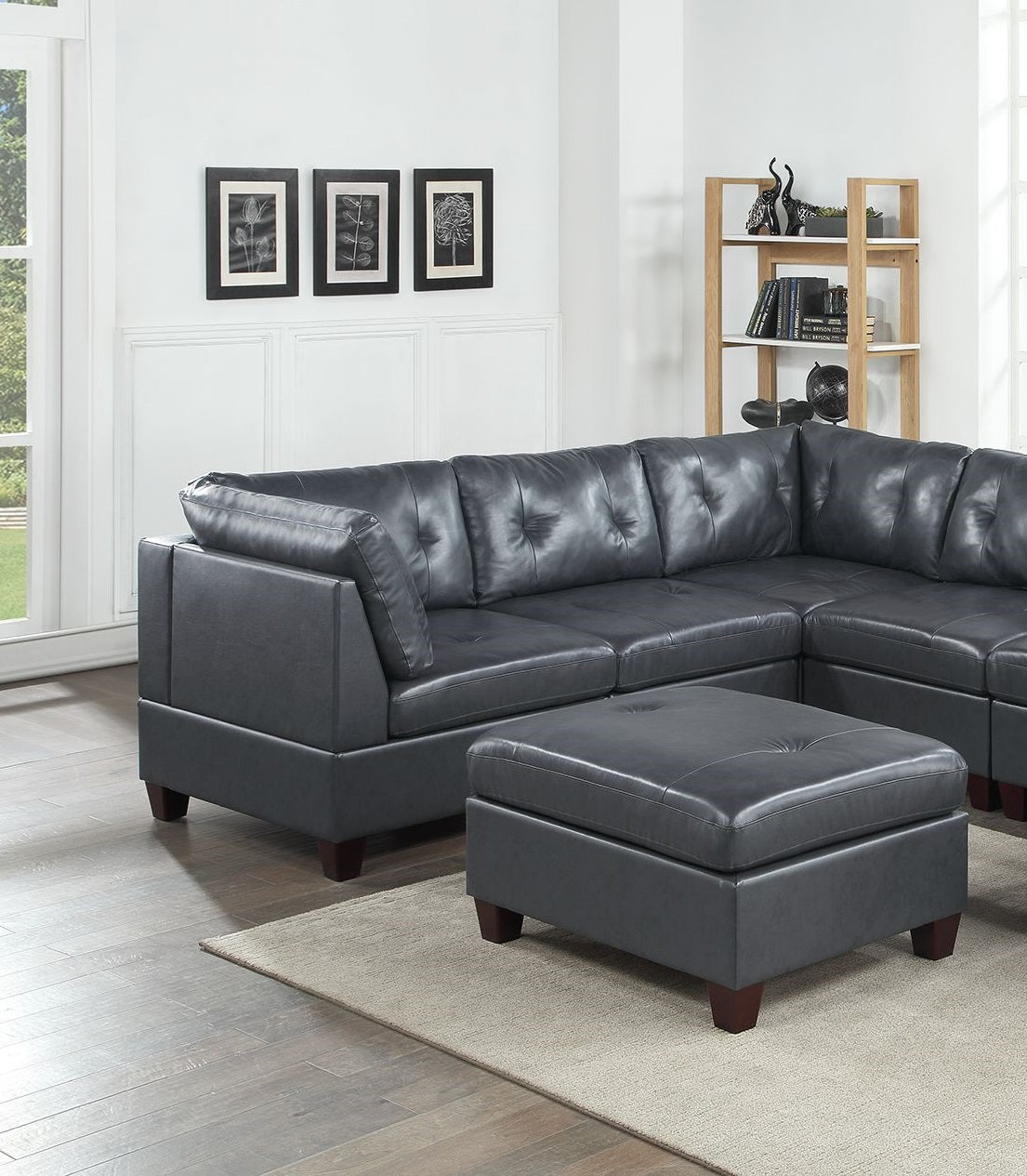 Contemporary Genuine Leather 1Pc Ottoman Black Color Tufted Seat Living Room Furniture Black Genuine Leather Primary Living Space Black Contemporary,Modern Rectangle Tufted Genuine Leather