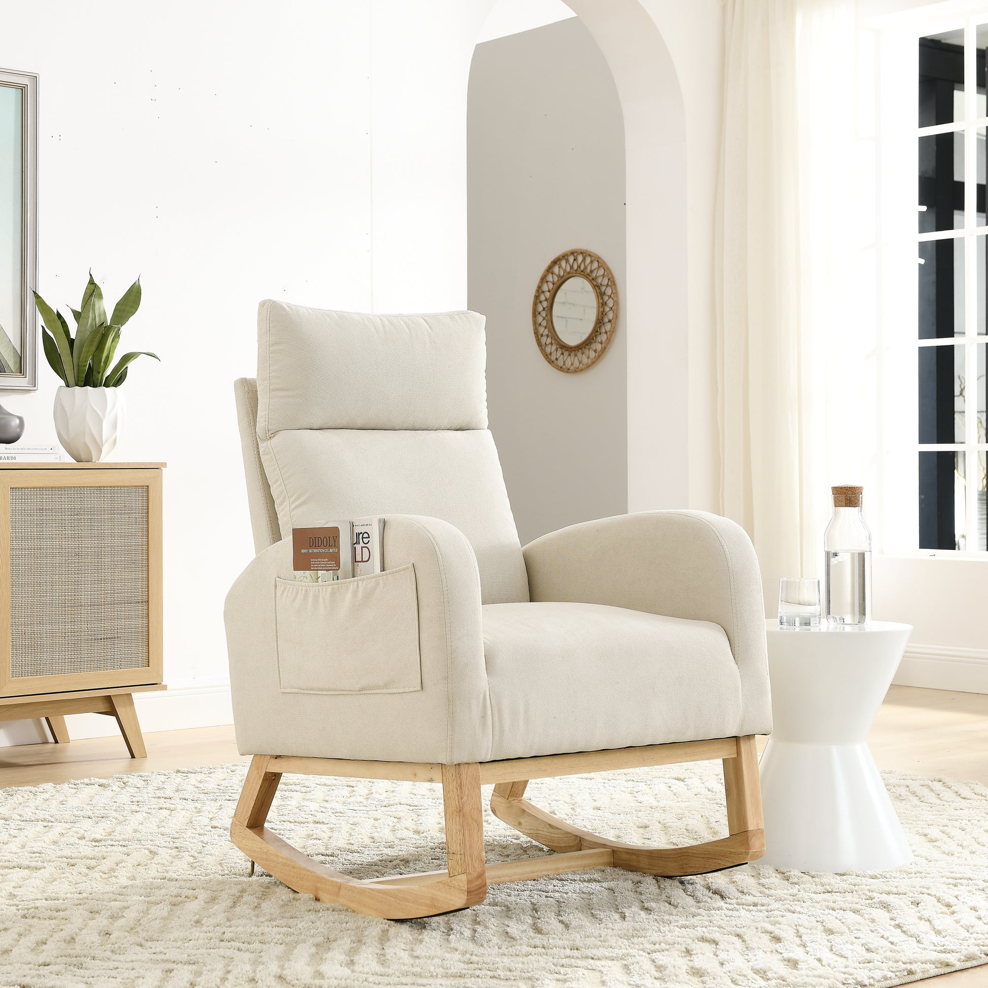 Video Welike 27.6"W Modern Accent High Backrest Living Room Lounge Arm Rocking Chair, Two Side Pocket W83453708 Beige Foam Fabric