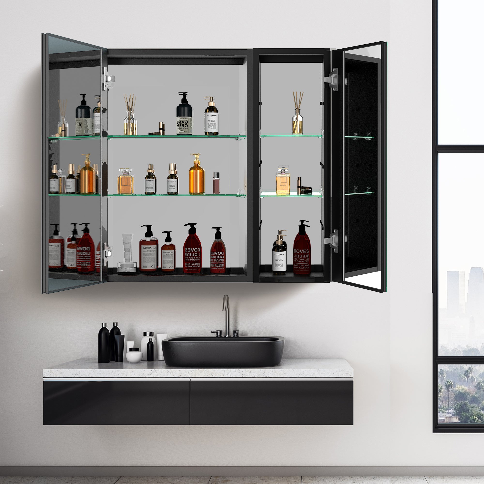 30x30 Inch LED Bathroom Medicine Cabinet Surface Mount black-modern-aluminium