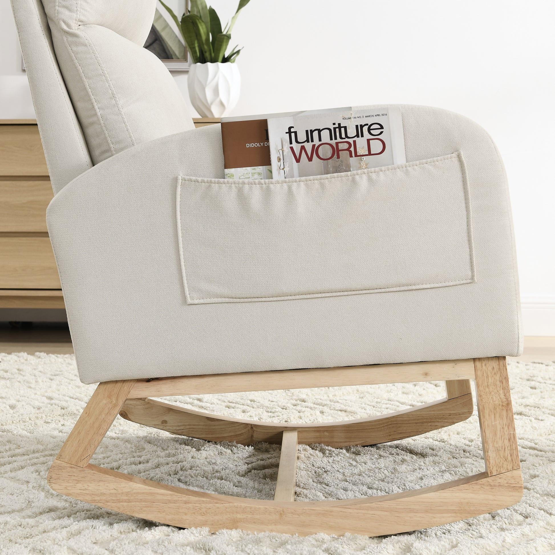 Video Welike 27.6"W Modern Accent High Backrest Living Room Lounge Arm Rocking Chair, Two Side Pocket W83453708 Beige Foam Fabric