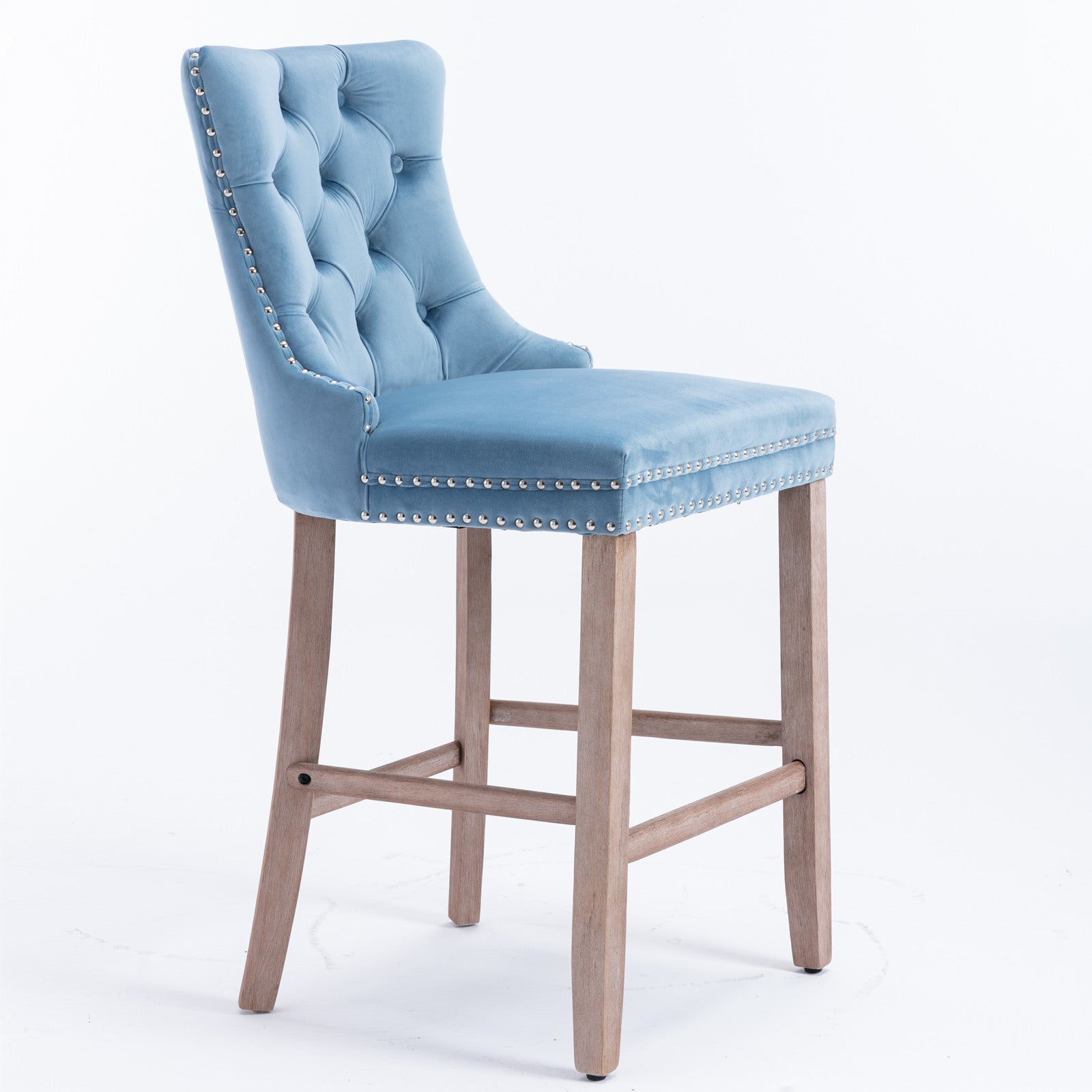 Contemporary Velvet Upholstered Barstools With Button Tufted Decoration And Wooden Legs, And Chrome Trim, Leisure Style Bar Chairs,Bar Stools, Set Of 2 Light Blue ,Sw2002Lb Light Blue Seats 2 American Design Rubberwood Foam Velvet