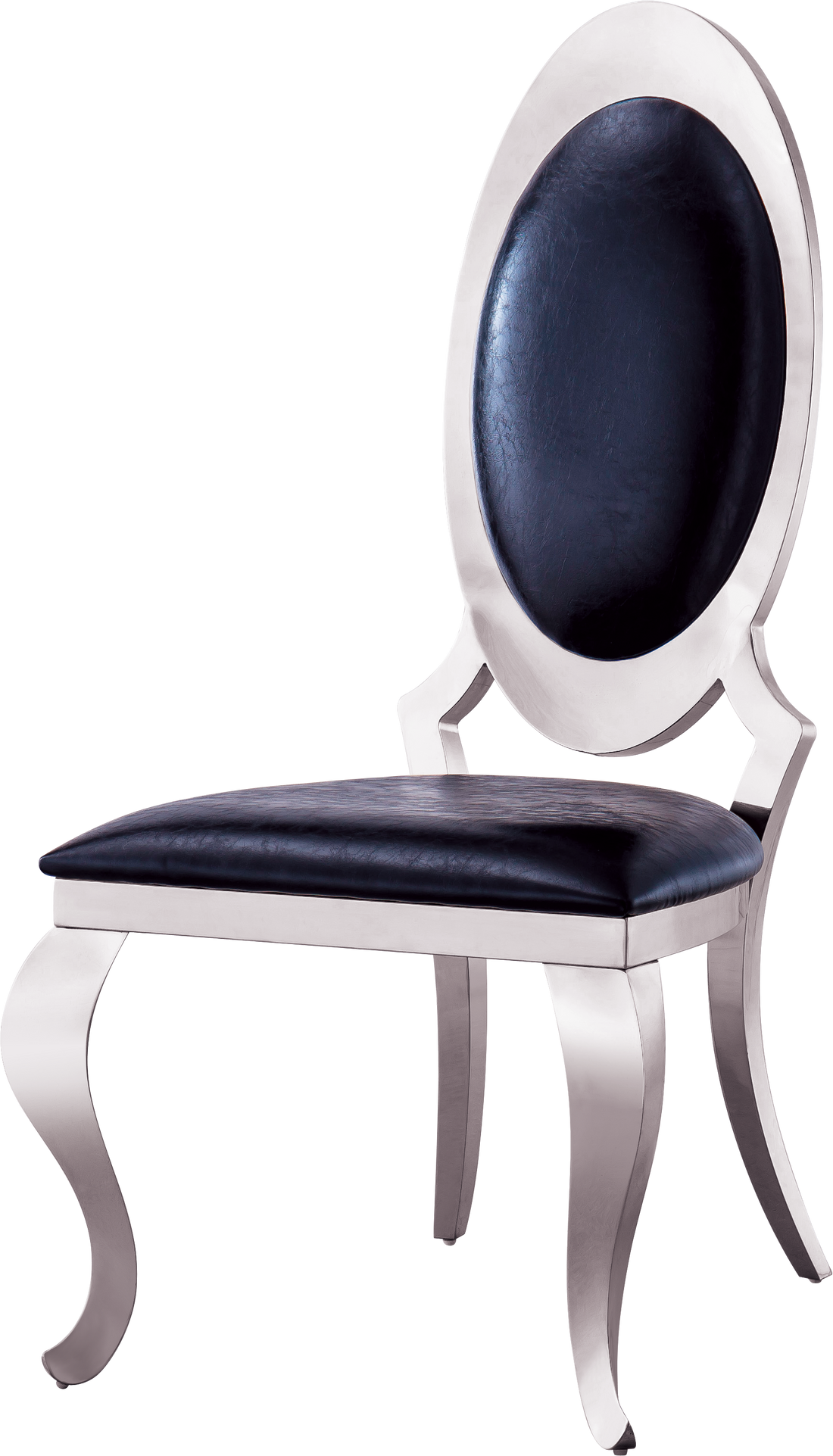 Dining Chair With Oval Backrest Set Of 2, Stainless Steel Legs Black And Silver Pu Leather