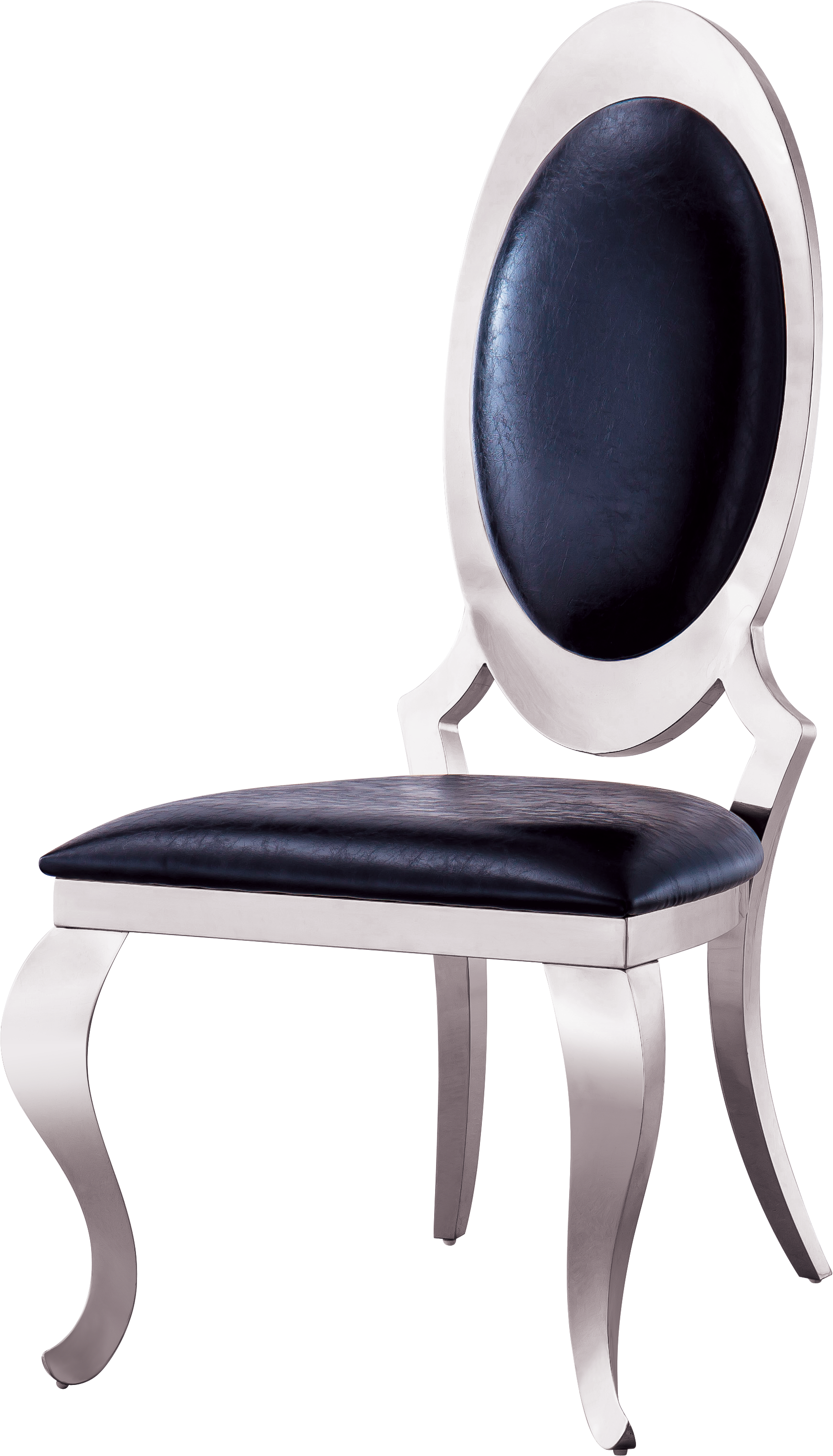 Dining Chair With Oval Backrest Set Of 2, Stainless Steel Legs Black And Silver Pu Leather