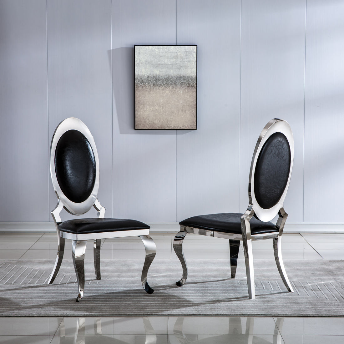 Dining Chair With Oval Backrest Set Of 2, Stainless Steel Legs Black And Silver Pu Leather